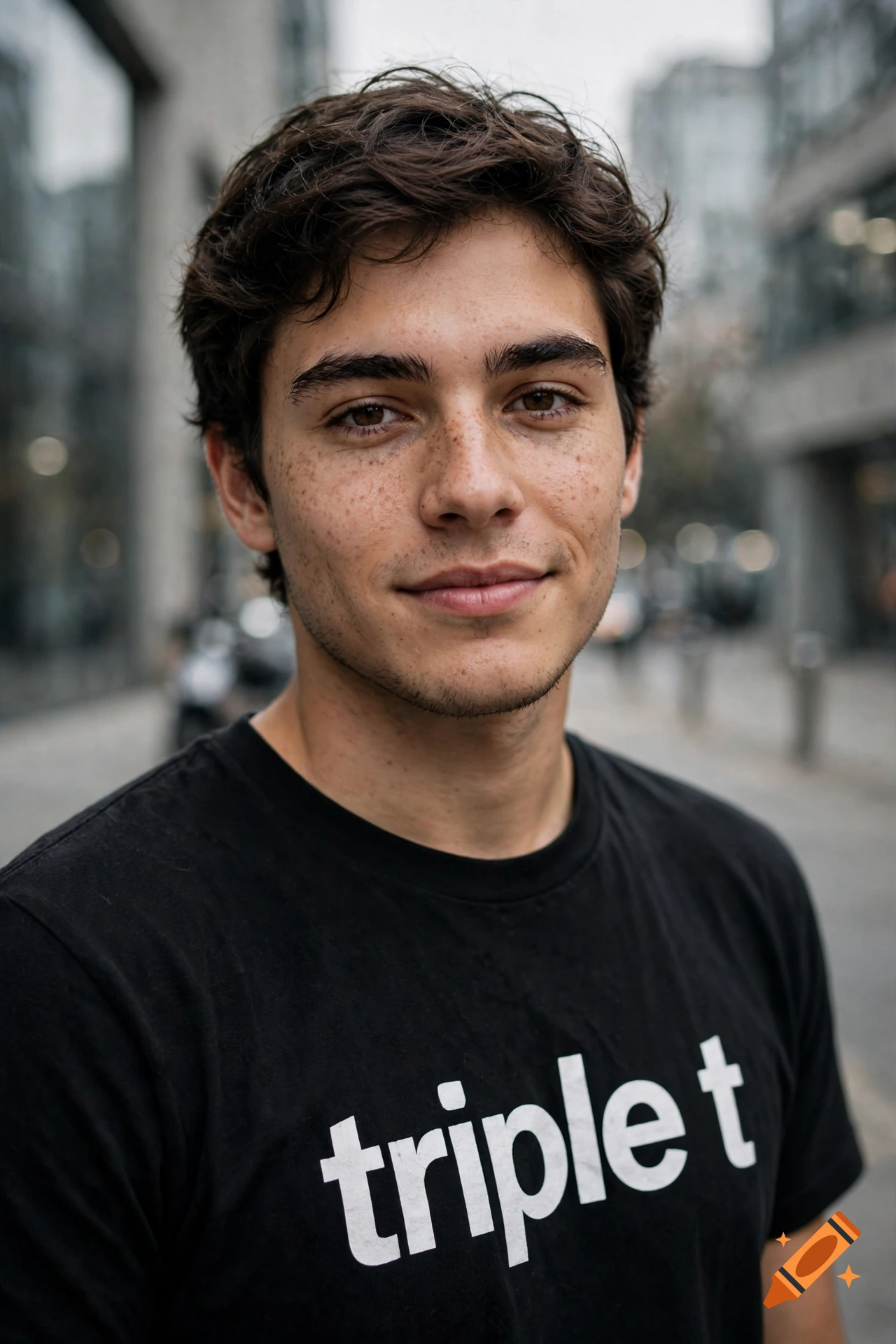 Close-up photorealistic portrait of a young man with brown hair and freckles wearing a black t-shirt with text, standing outdoors.