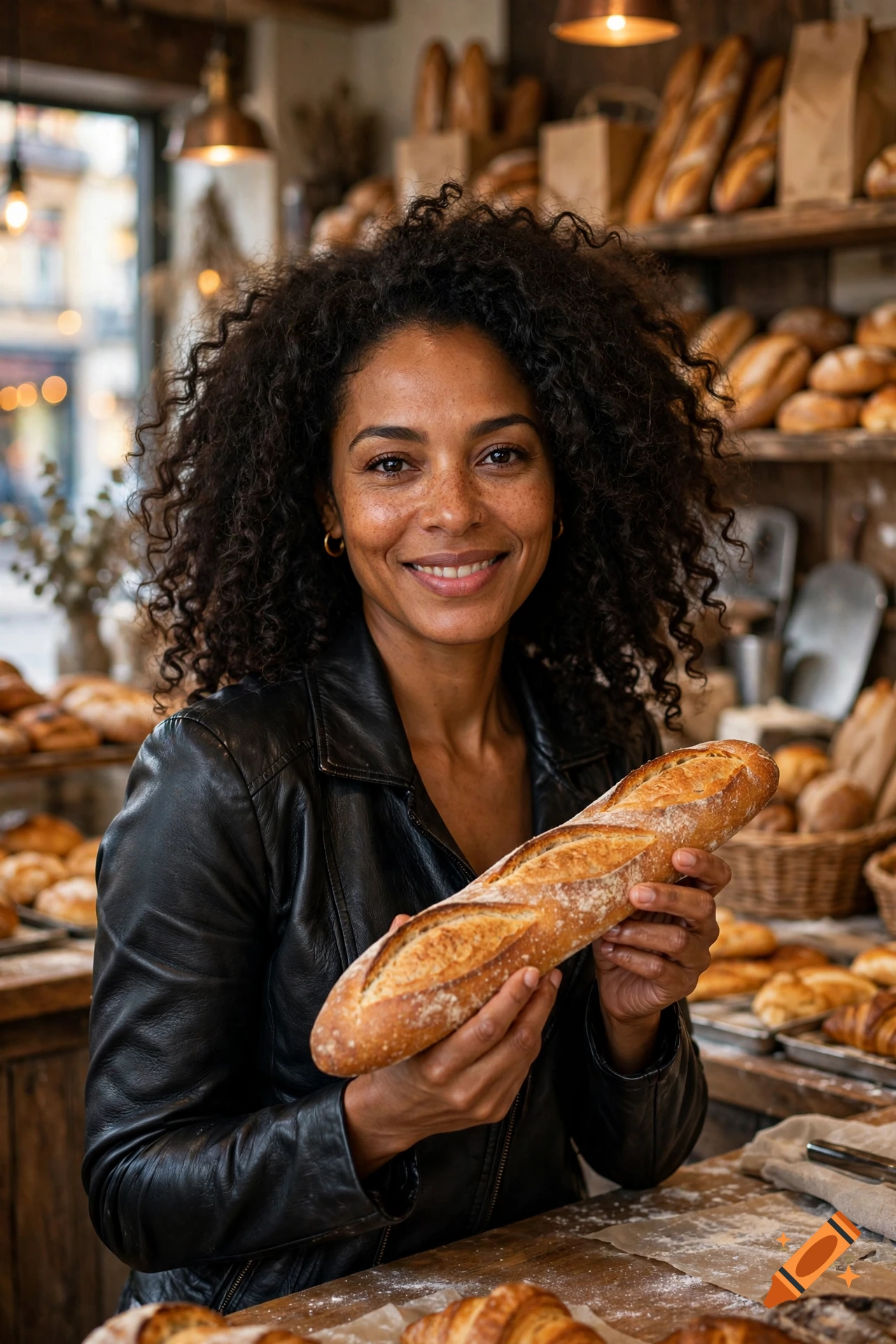 Photorealistic portrait of a smiling woman with voluminous curly hair in a bakery holding a fresh baguette.