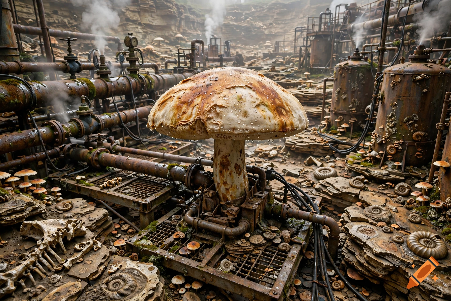 Photorealistic scene of a giant mushroom integrated with industrial pipes and machinery in a rocky, fossil-filled environment.