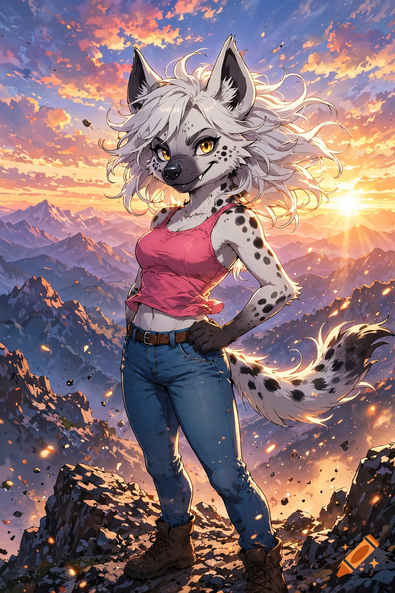 An anthropomorphic hyena girl with white hair in a pink tank top and blue jeans standing on a mountain peak at sunset, anime style.