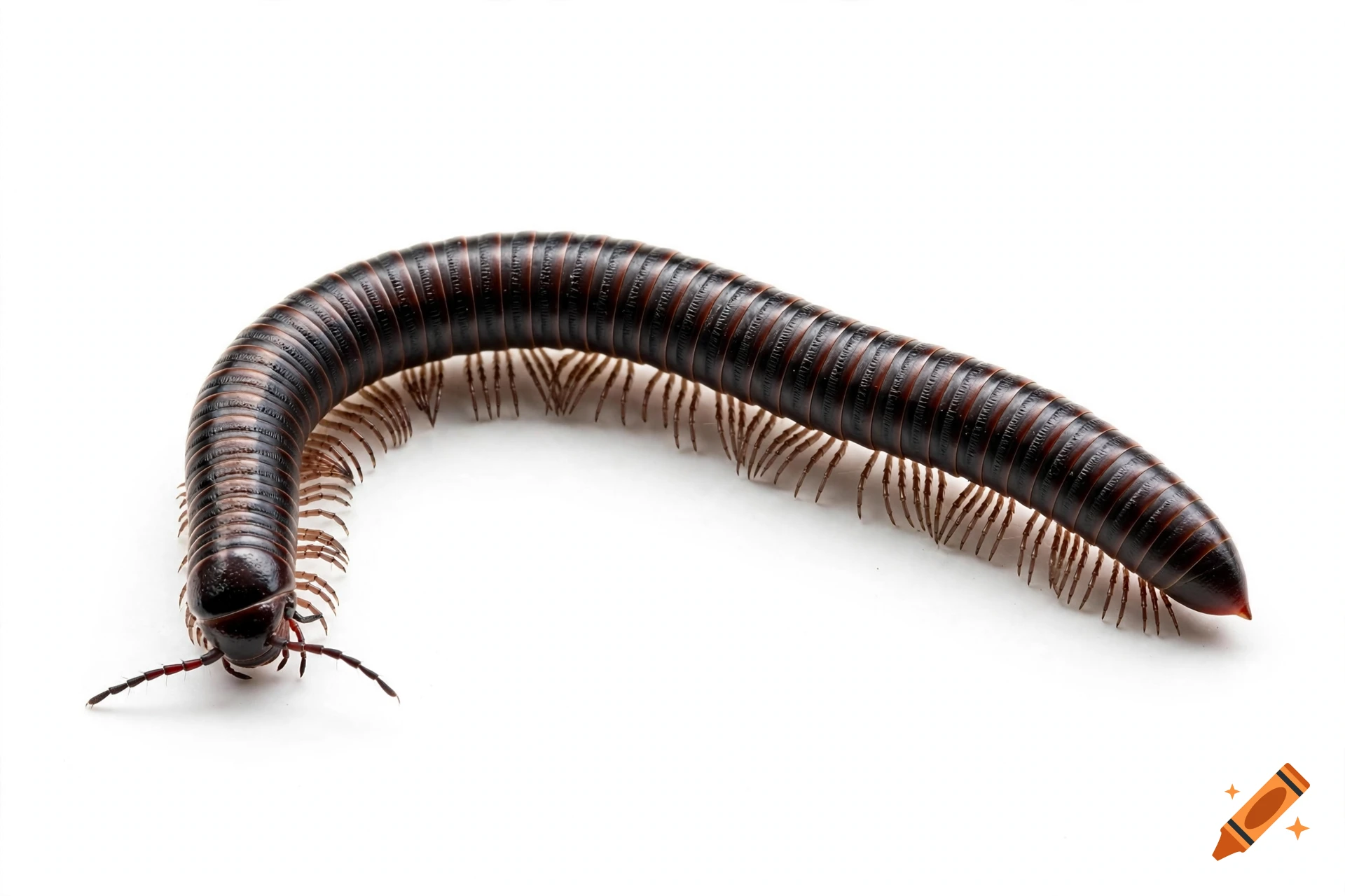 Photorealistic image of a Spirobolellus sp. Maui millipede on a white background.