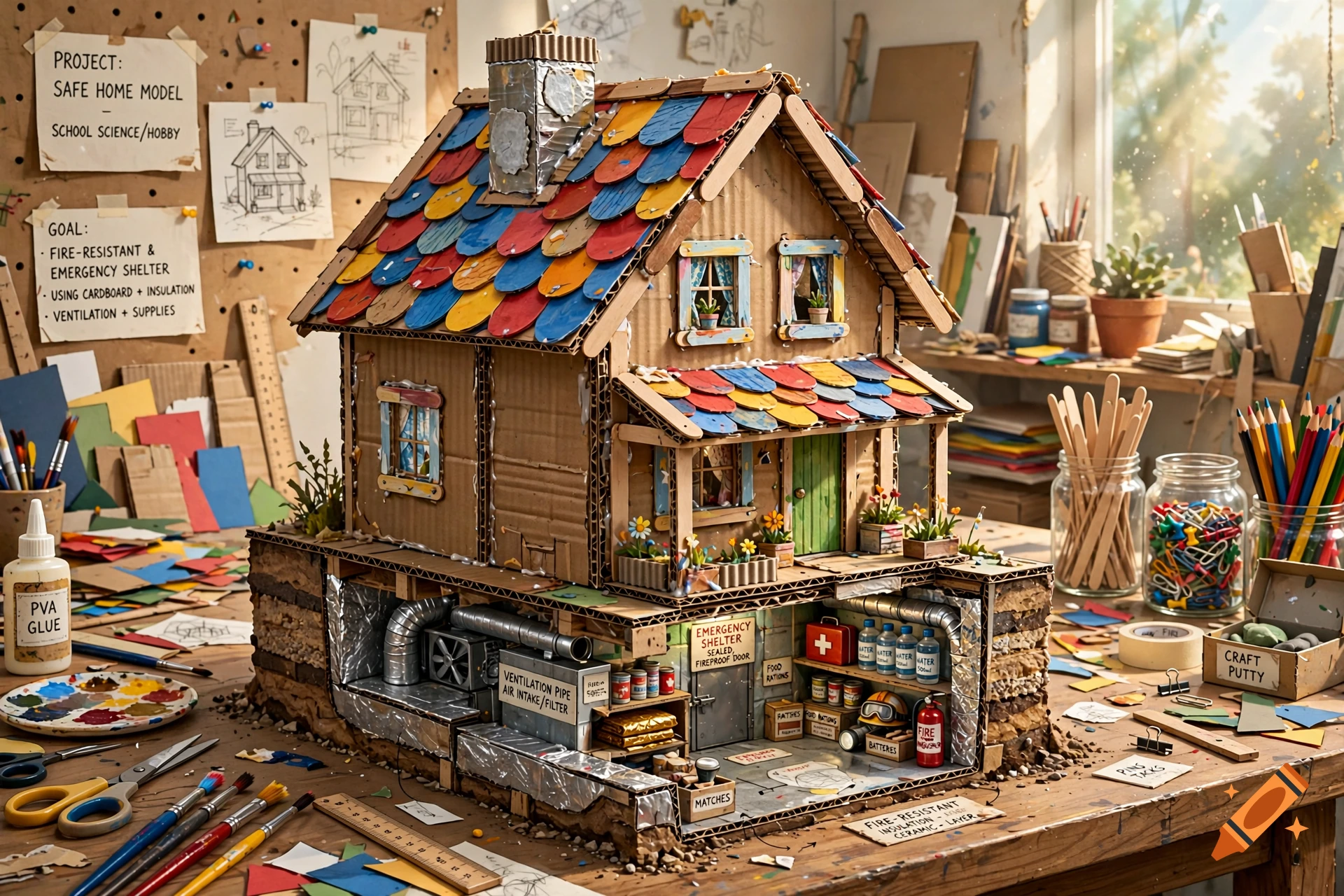 Detailed model house made of cardboard and craft materials with an underground shelter, sitting on a wooden workbench.