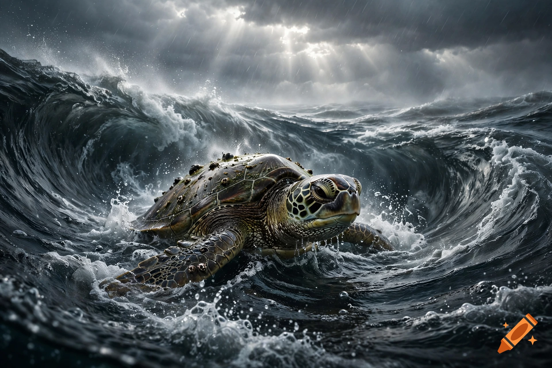 A sea turtle swimming in a turbulent whirlpool vortex during a stormy sea with dramatic lighting.