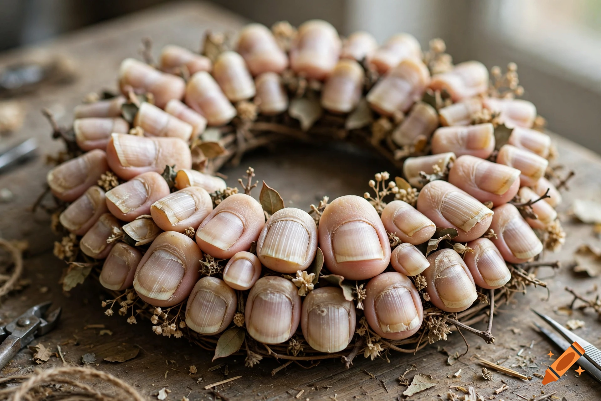 Photorealistic close-up of a decorative wreath made entirely of human toenails arranged in a circular pattern on a rustic wooden table.