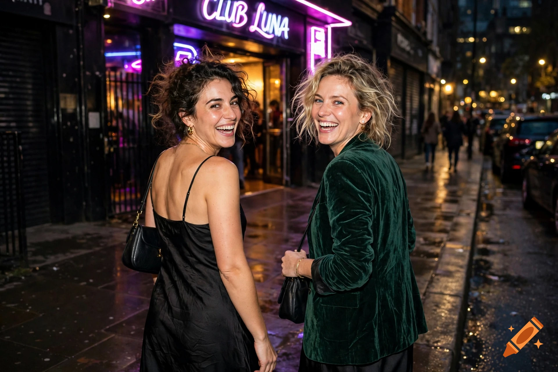 Candid flash photograph of two laughing women walking away from a neon-lit club at night.