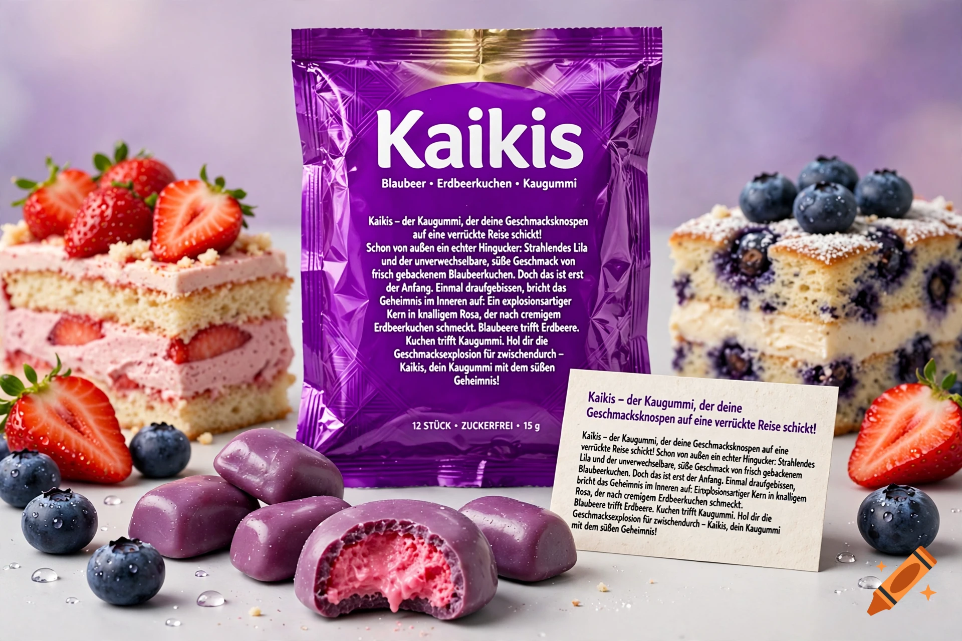 A purple packaging of Kaikis gum surrounded by strawberry and blueberry cakes, fresh berries, and candy pieces on a light surface.