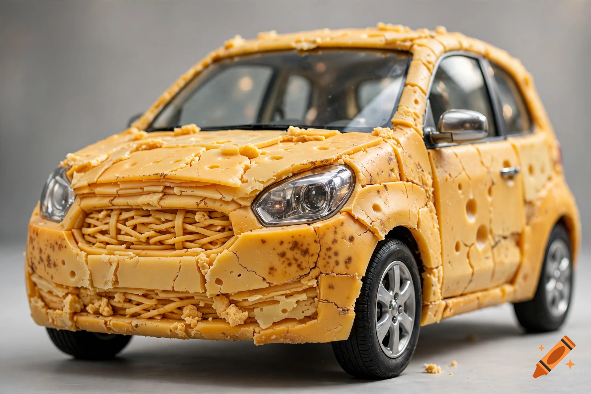 A photorealistic compact car made entirely of various types of cheese, parked on a grey studio floor.
