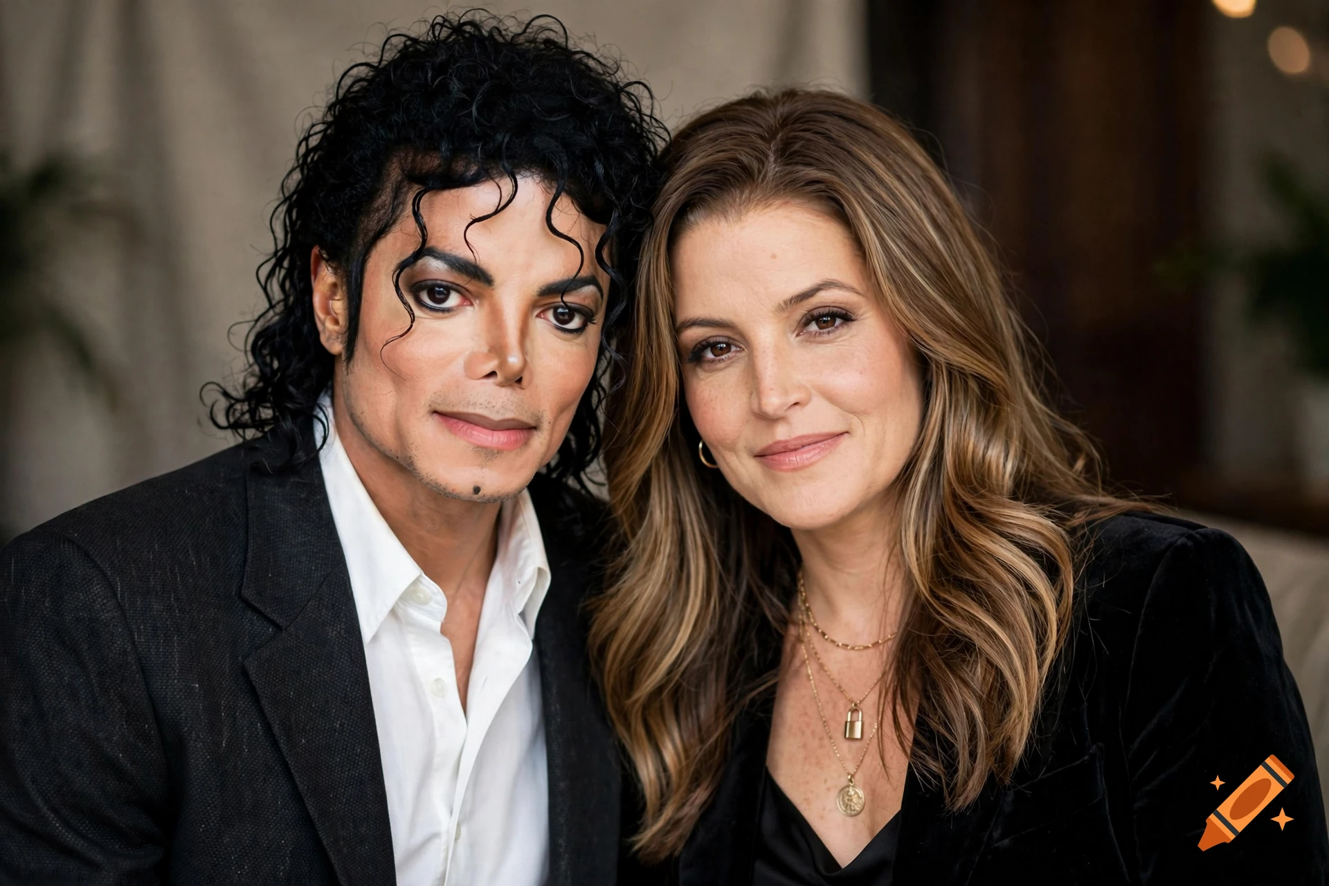 Photorealistic portrait of Michael Jackson and Lisa Marie Presley standing close together, looking directly at the camera.