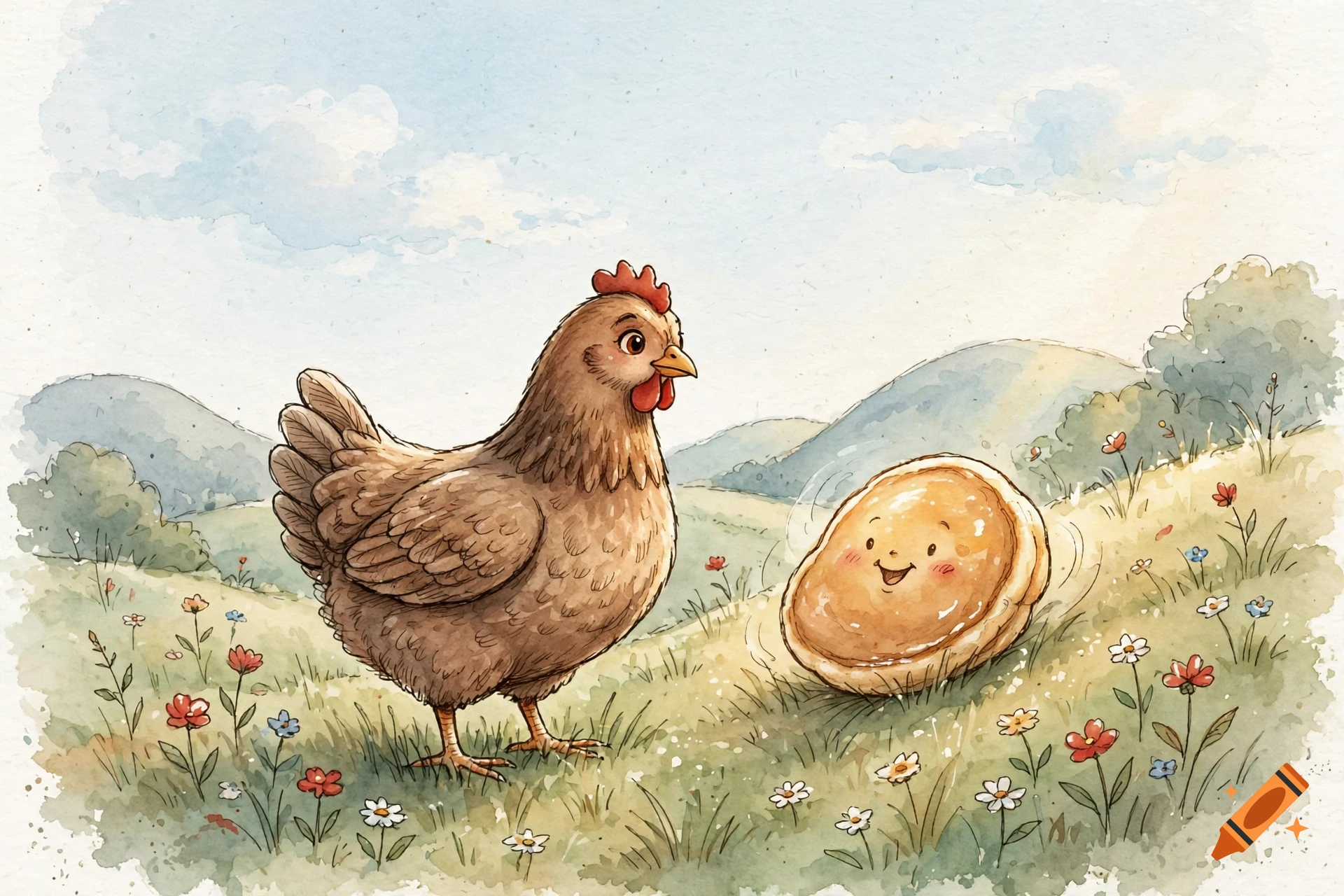 Watercolor illustration of a curious brown hen looking at a smiling rolling pancake in a green countryside meadow.
