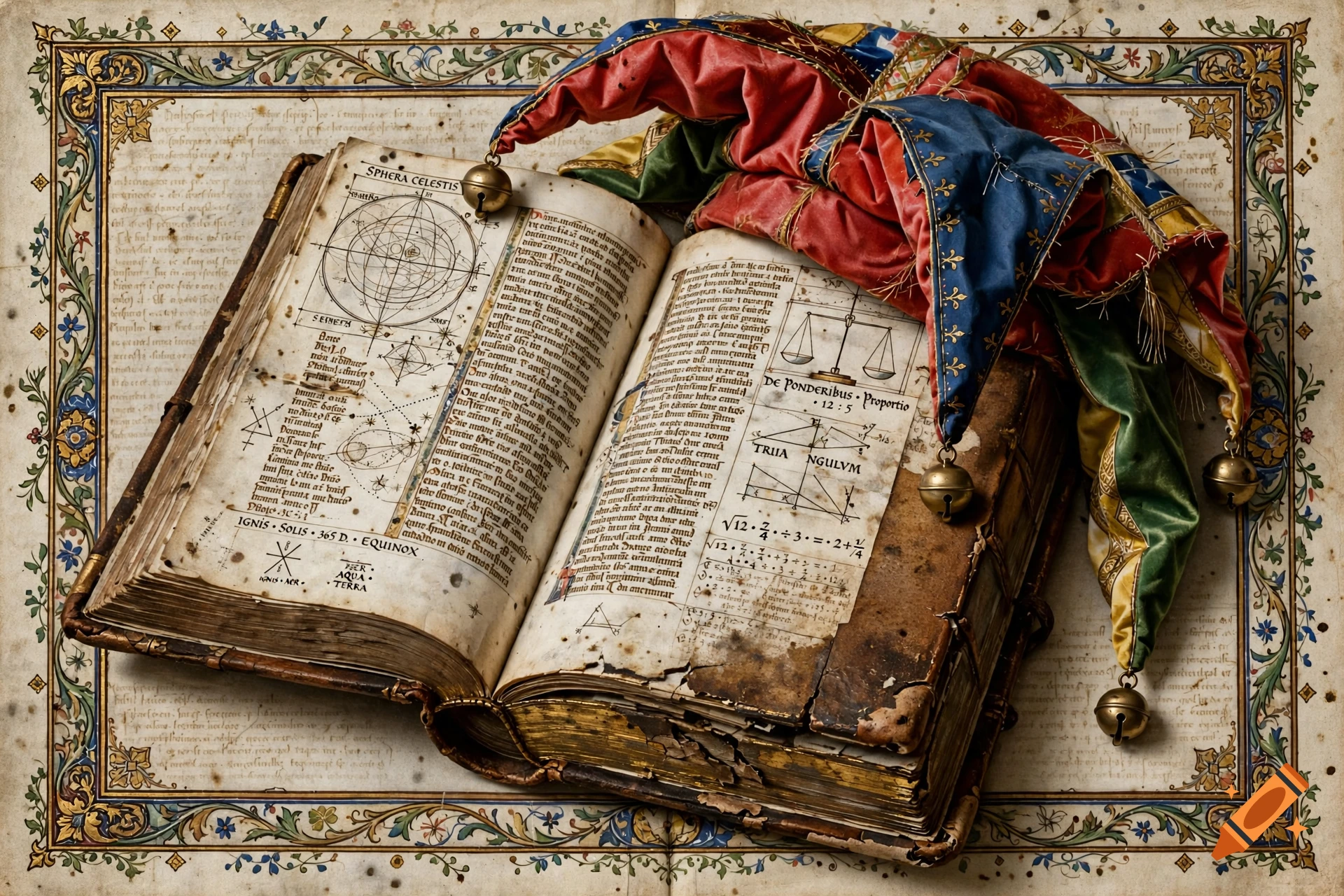 An open medieval manuscript with intricate diagrams and Latin-like text, draped with a colorful jester's cap.