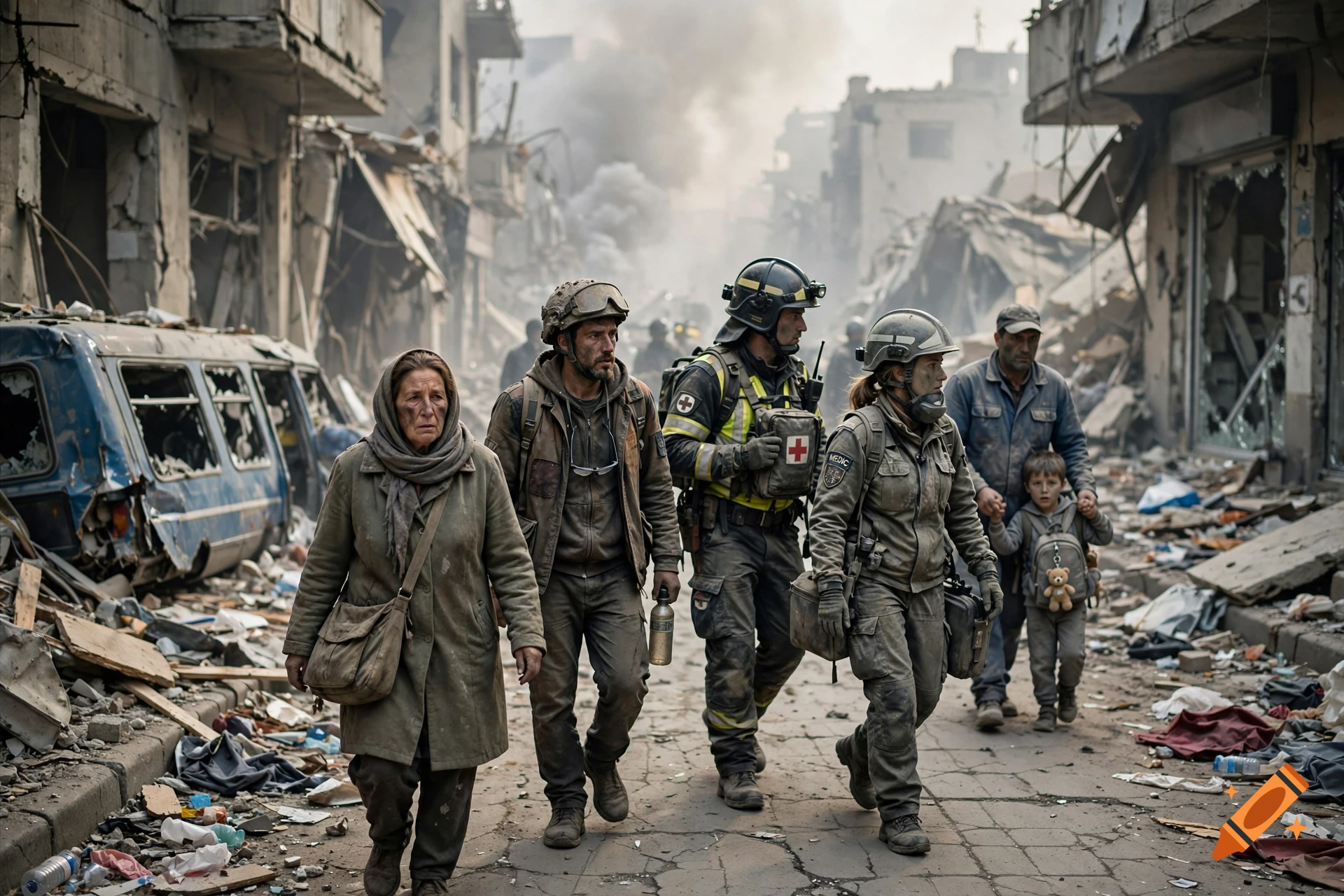 Photorealistic scene of civilians and medics walking through a devastated war-torn city street.
