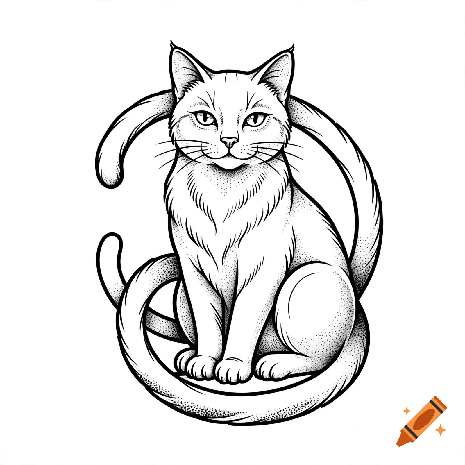 Black and white dotwork tattoo style illustration of a cat sitting with its tail wrapped around it.