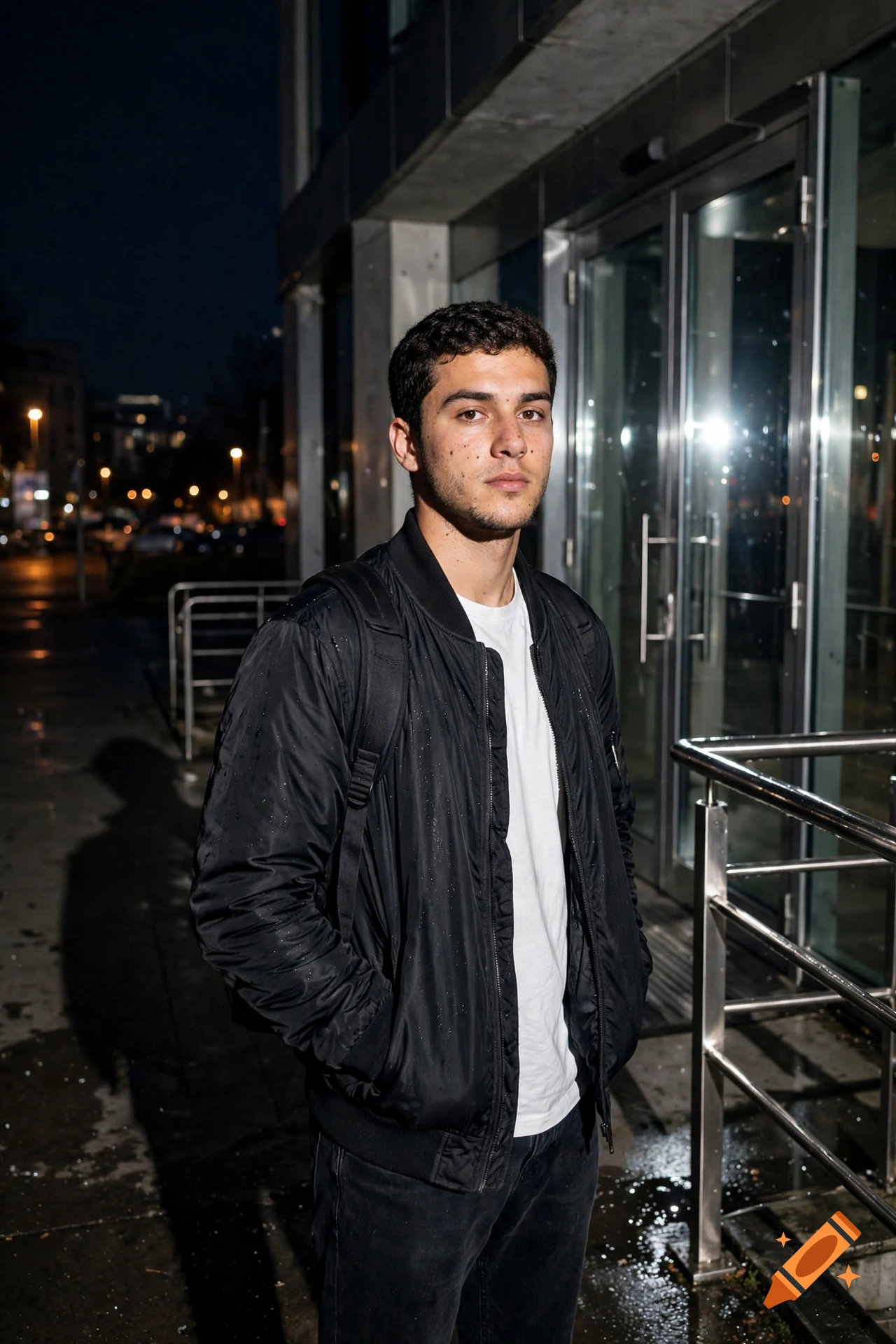 A young man with short dark hair standing outside at night in front of a glass building, wearing a black bomber jacket over a white t-shirt.