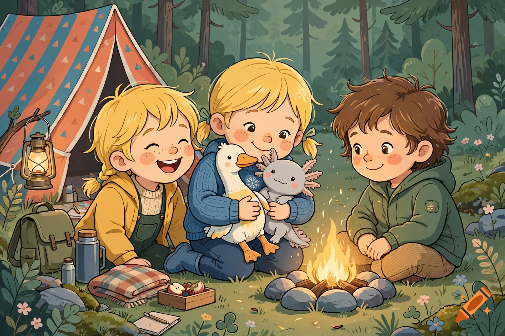 Cozy Scandinavian children's book style illustration of three children camping in a forest by a campfire.