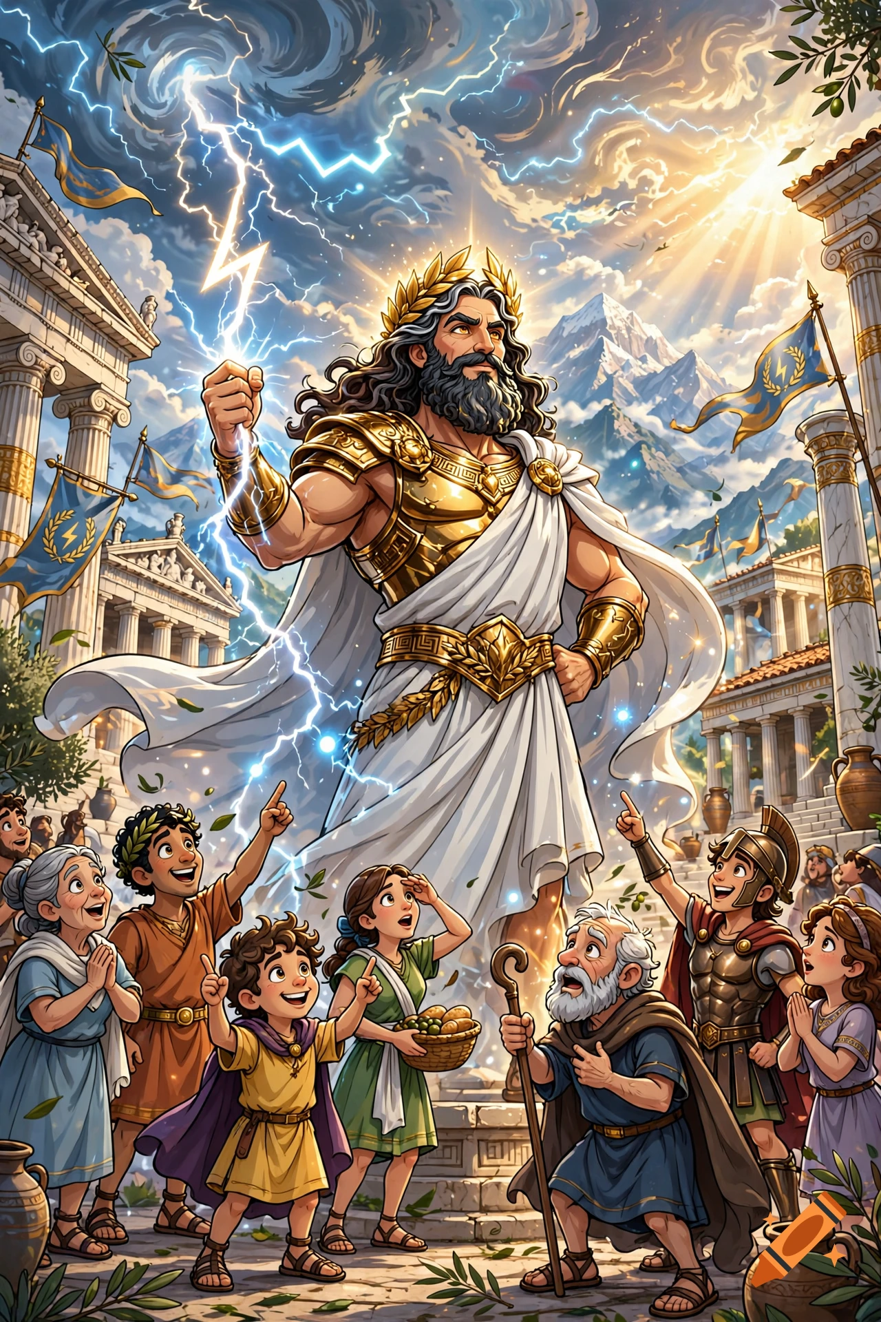 Cartoon illustration of a towering Zeus holding lightning in ancient Greece, surrounded by looking people.