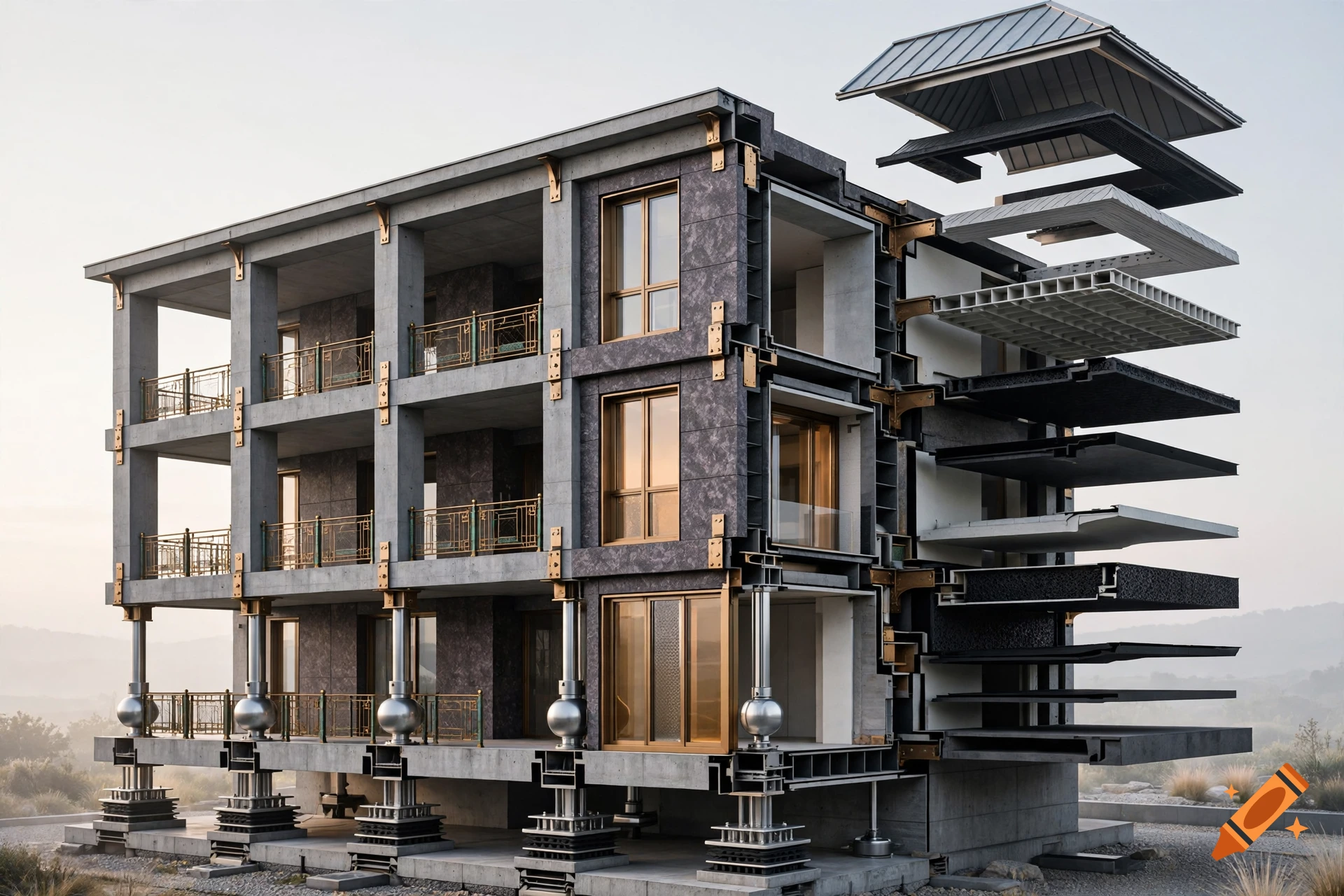 Photorealistic architectural cutaway diagram showing the multi-layered structure, insulation, and seismic isolators of a modern building.