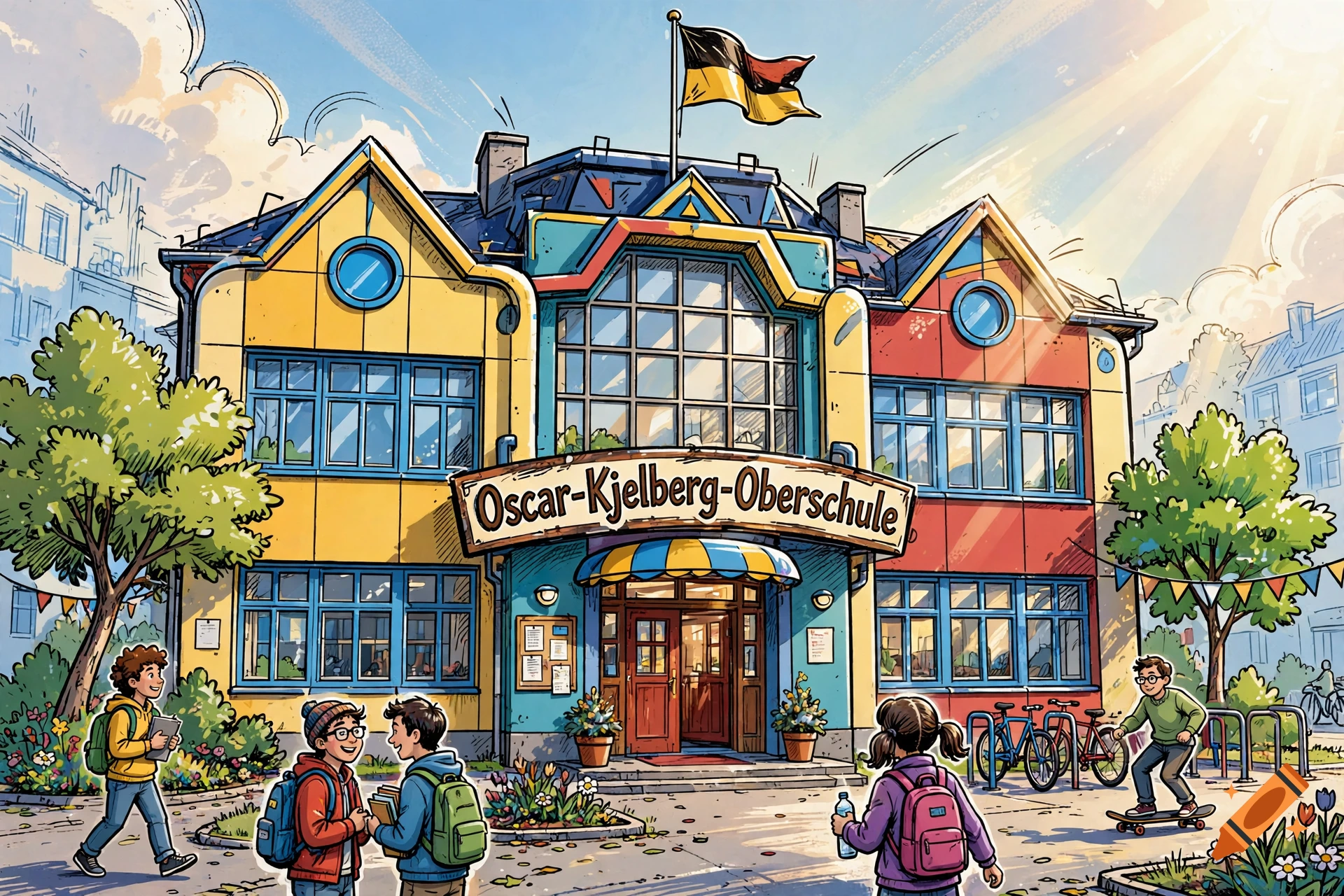 Comic style illustration of a colorful school building with students outside and a German flag on the roof.