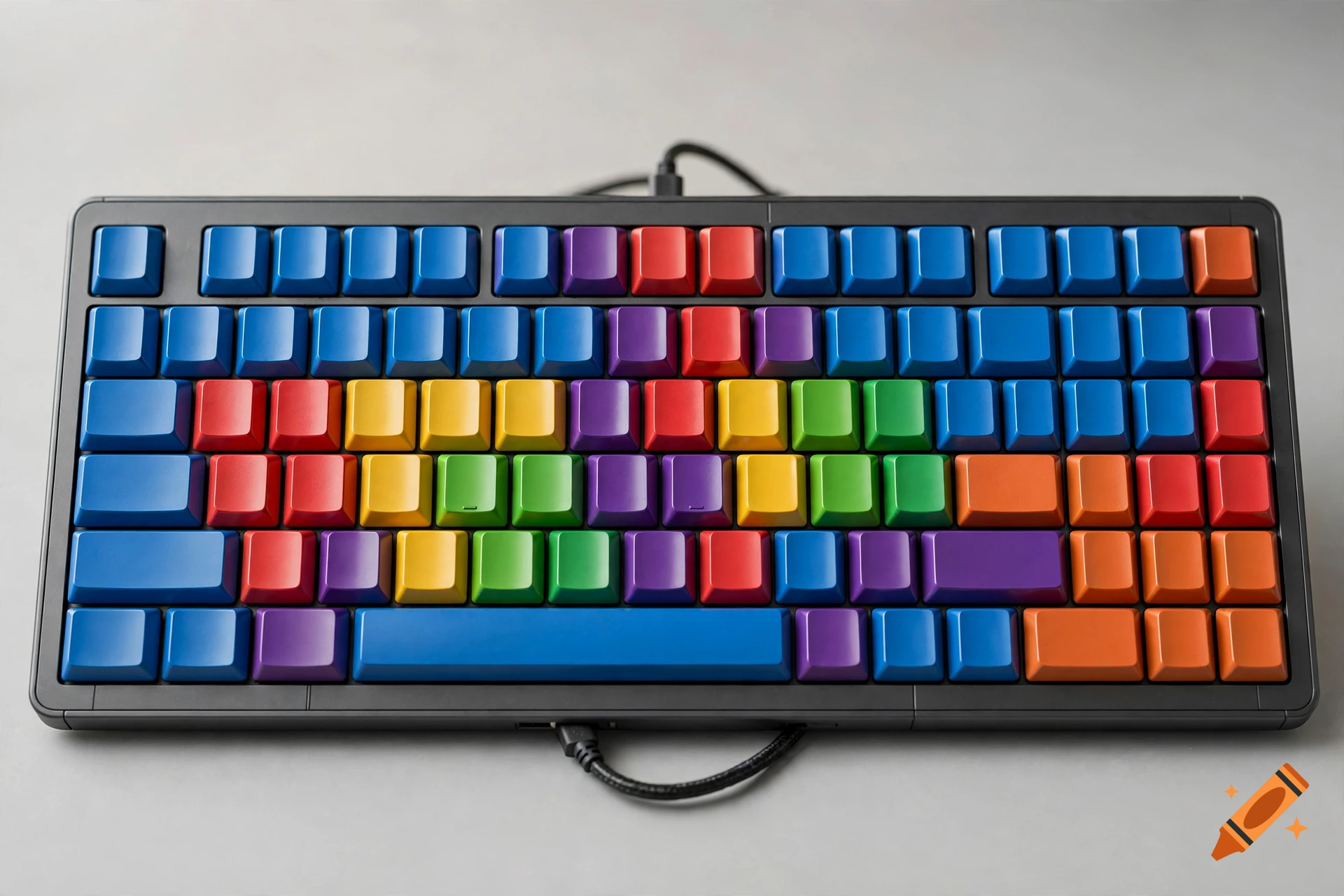 Colorful mechanical keyboard with various colored keycaps on a grey surface.