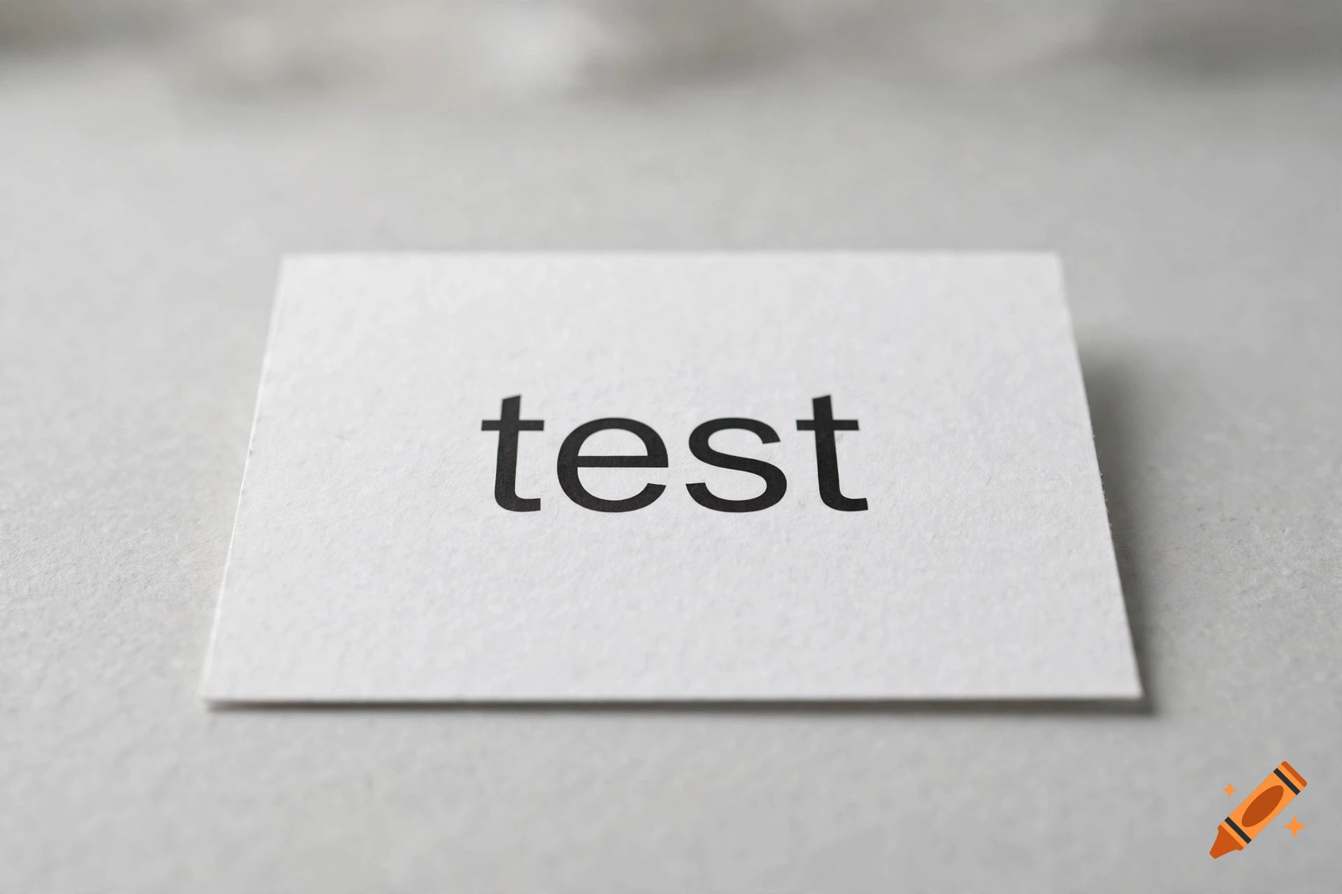 Close-up photograph of a small white card with the word test printed in black lowercase letters on a neutral gray surface.