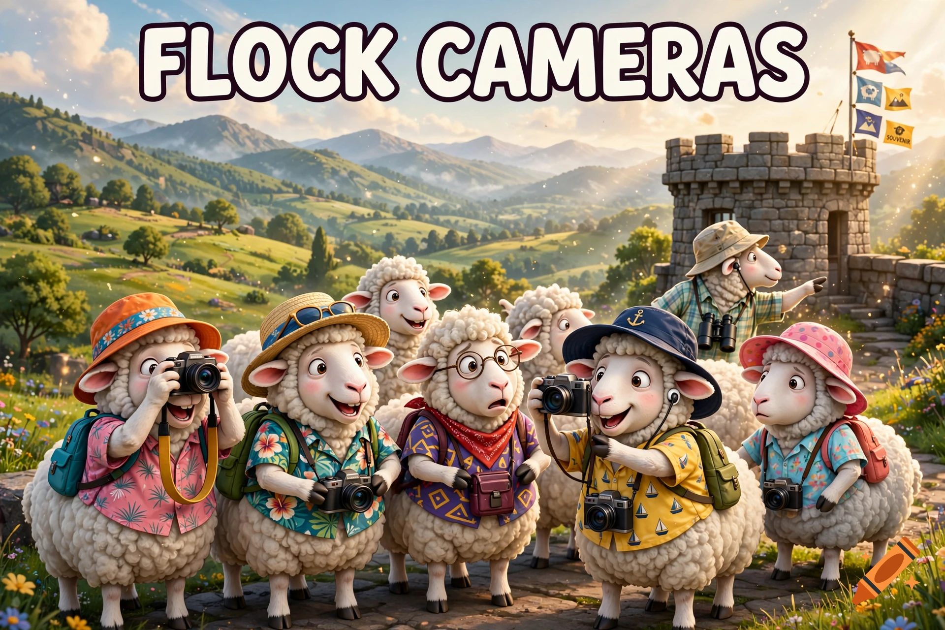 A group of cartoon sheep dressed as tourists wearing cameras and hats in a grassy valley with mountains and a stone tower in the background.