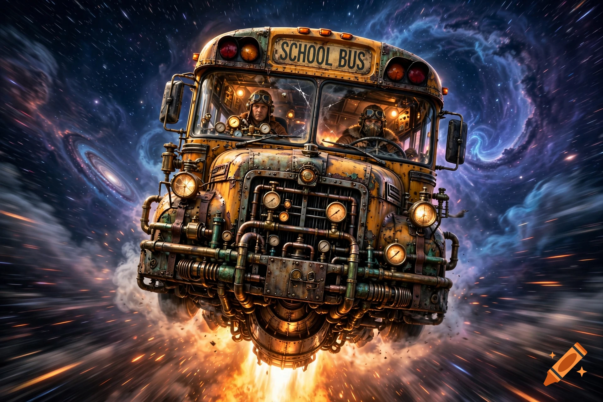 A steampunk-styled yellow school bus with rocket thrusters and exposed pipes flying through deep space among stars and galaxies.