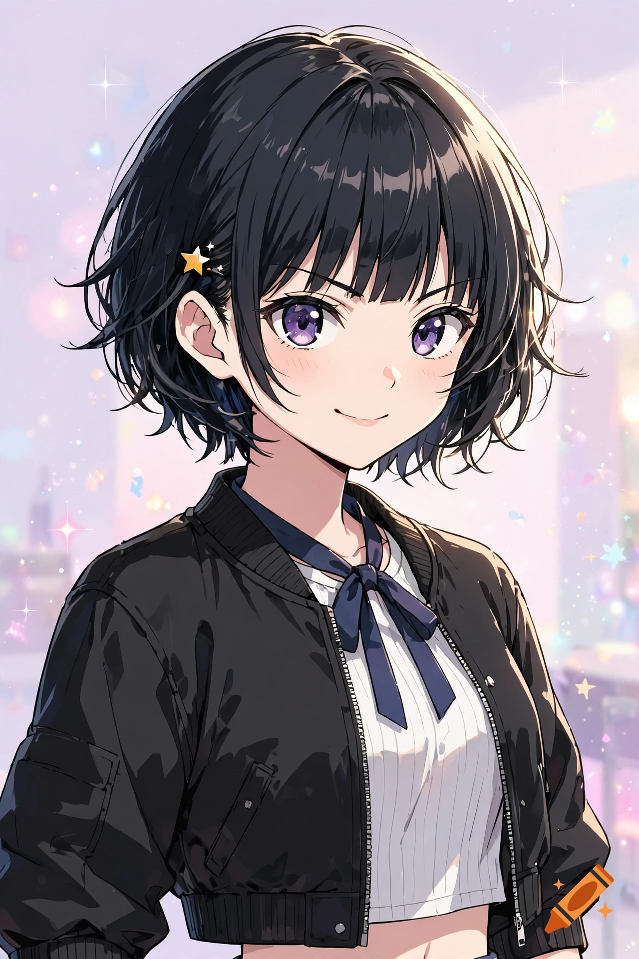 Anime style illustration of a young woman with short black hair and purple eyes wearing a black bomber jacket.
