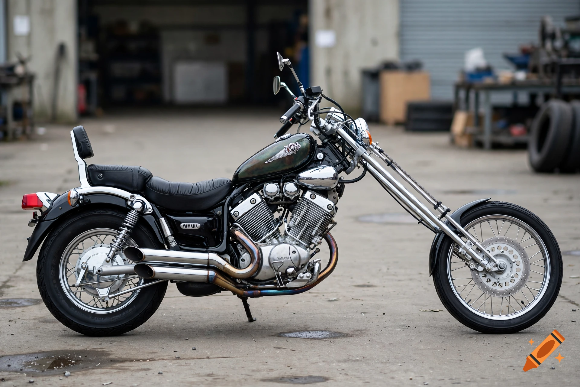 Photorealistic side view of a customized black chopper motorcycle parked in a warehouse setting.