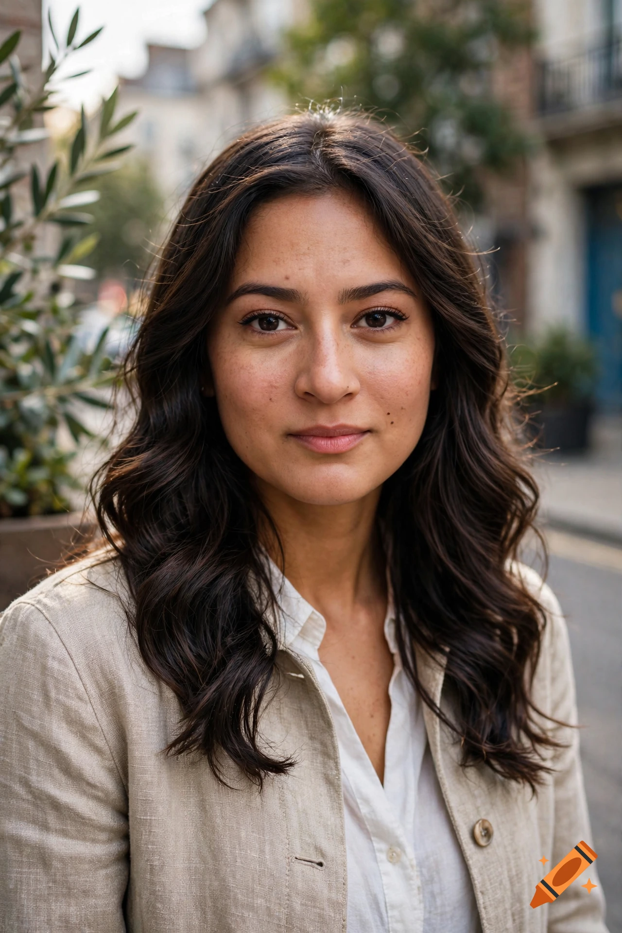 Photorealistic portrait of a woman with dark wavy hair and freckles, wearing a light jacket outdoors.