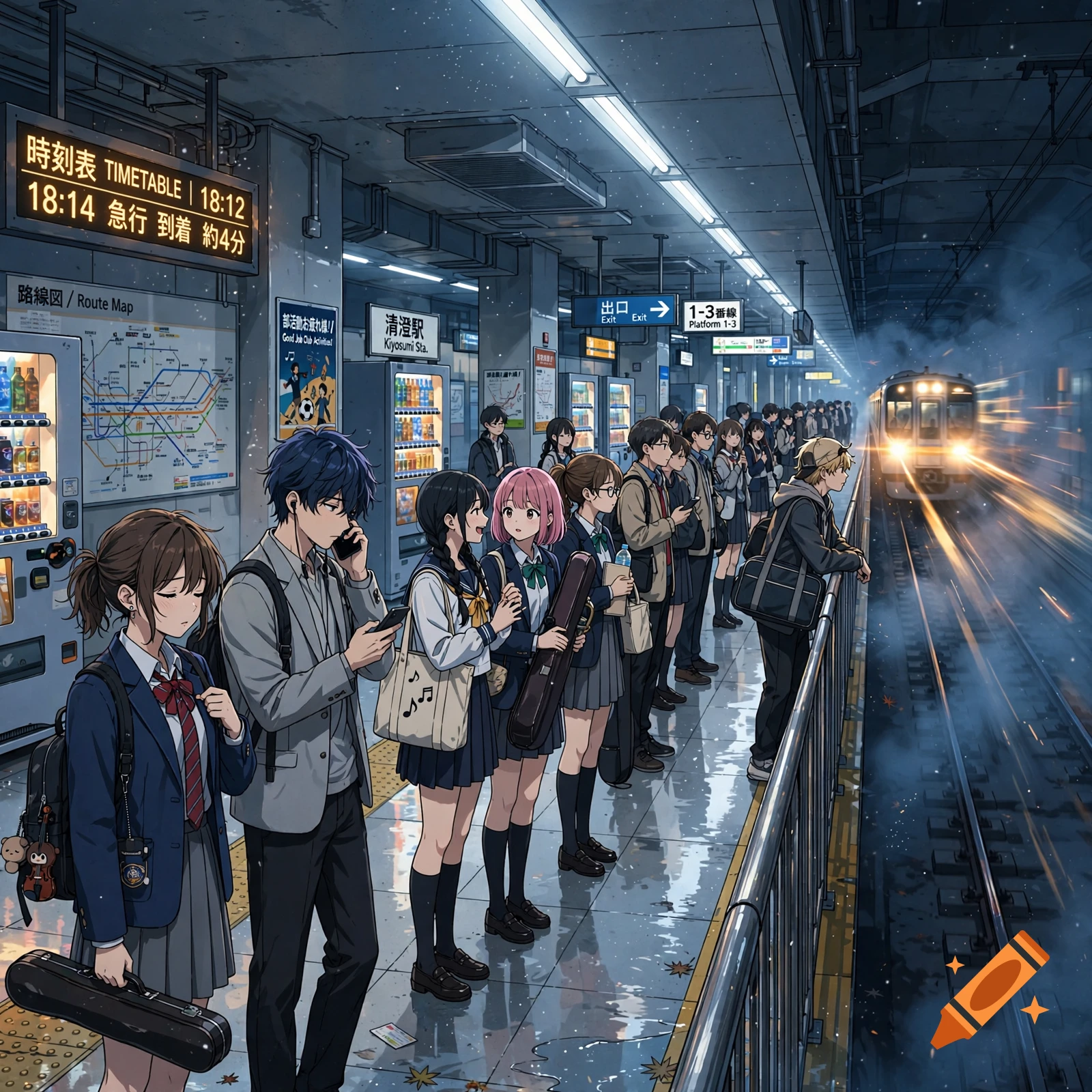 Anime style illustration of high school students standing in a line at an underground subway platform waiting for a train.