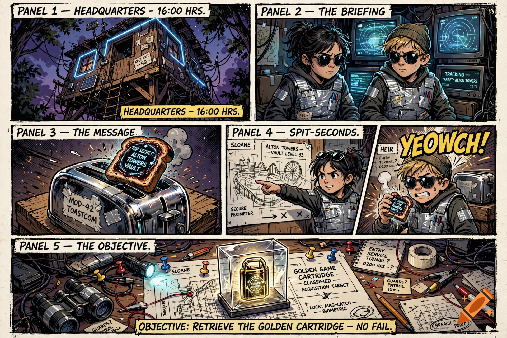 A multi-panel comic storyboard depicting children acting as secret agents in a treehouse, rendered in a detailed graphic novel style.