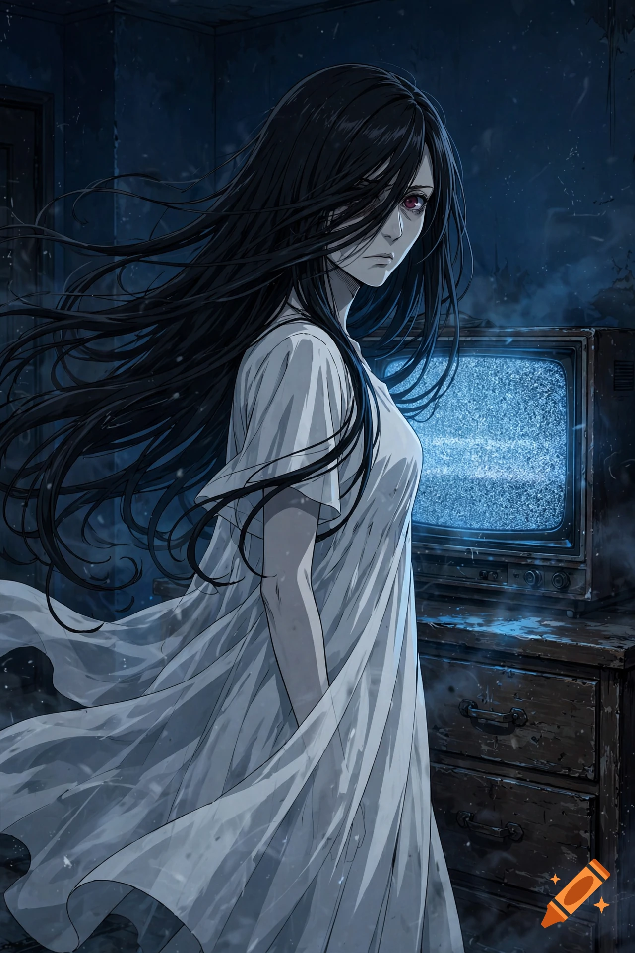 Anime style illustration of a J-horror ghost woman with long black hair and a white nightdress standing before a static CRT TV.