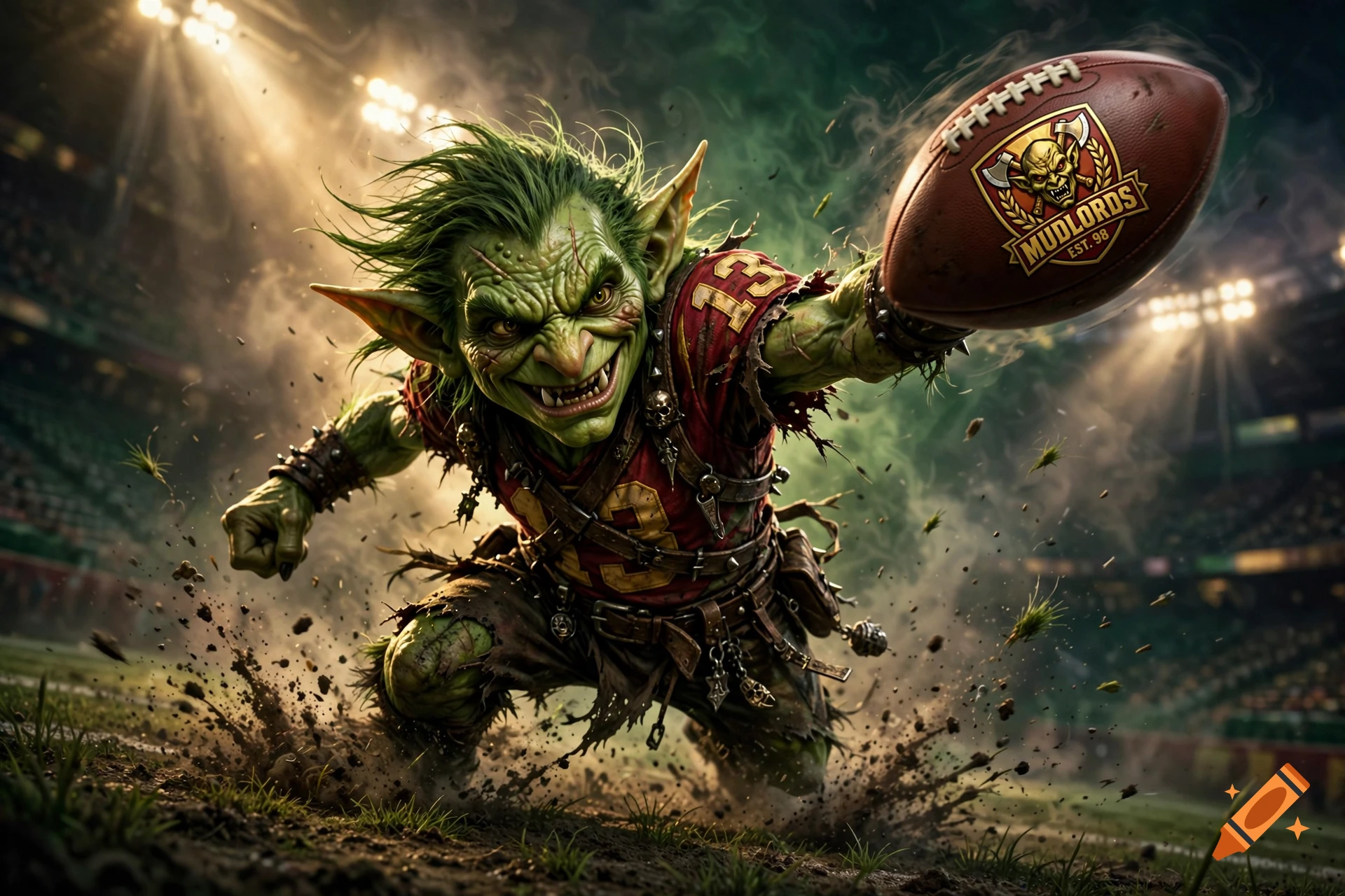 Digital art of a green goblin in a jersey throwing an American football on a stadium field.