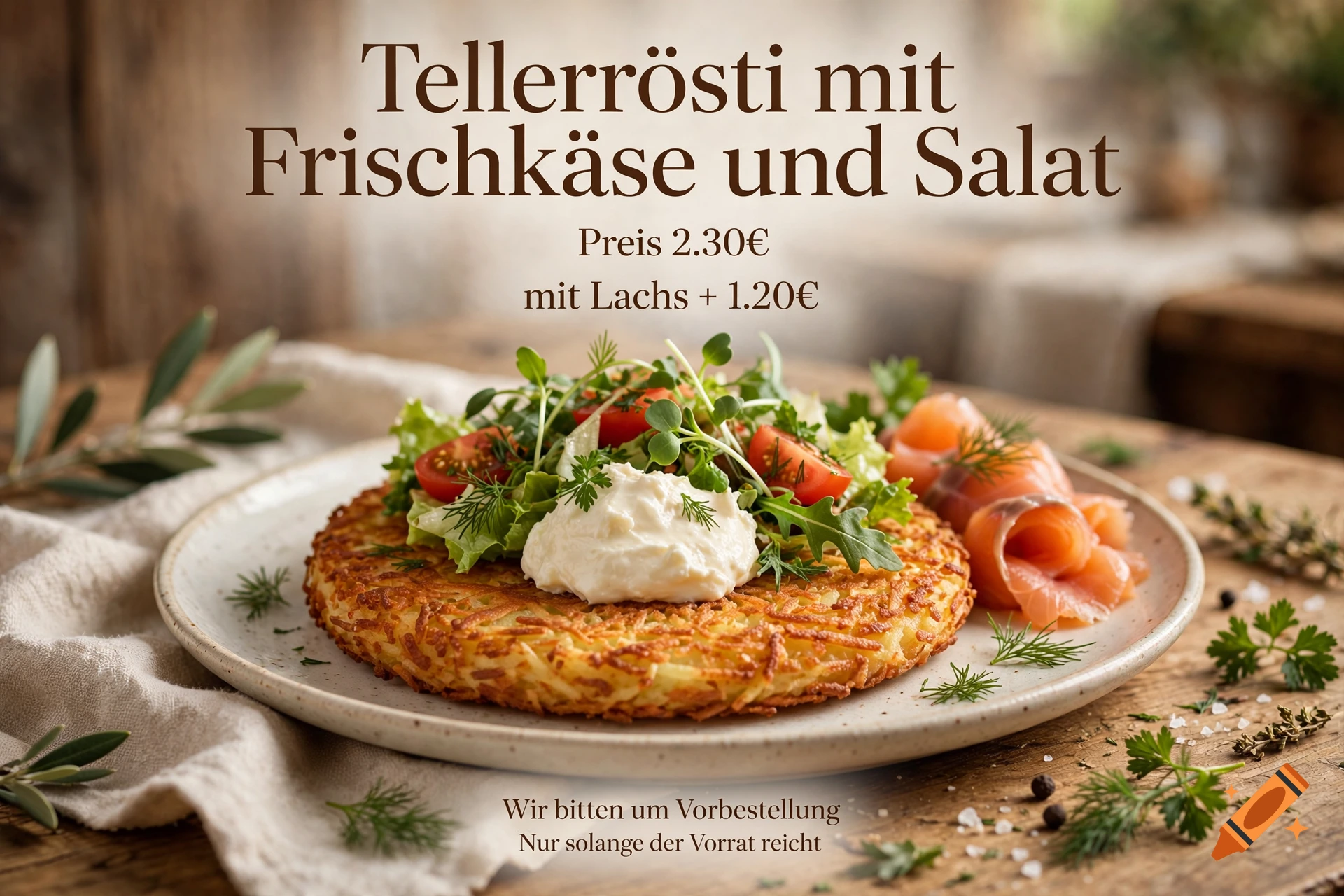 Photorealistic image of a plate of potato rösti topped with cream cheese, salad, and smoked salmon on a rustic wooden table.