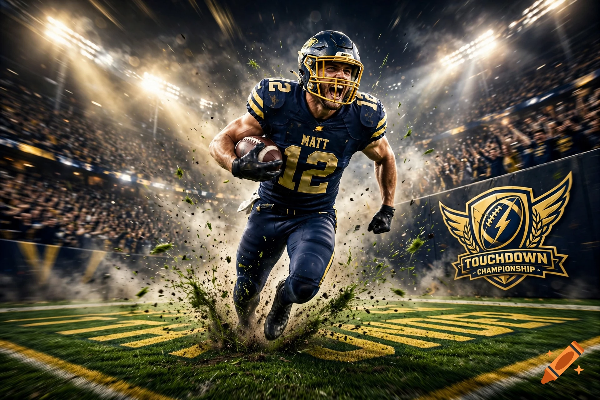 An American football player in a blue uniform running with the ball on a glowing stadium field, digital art.