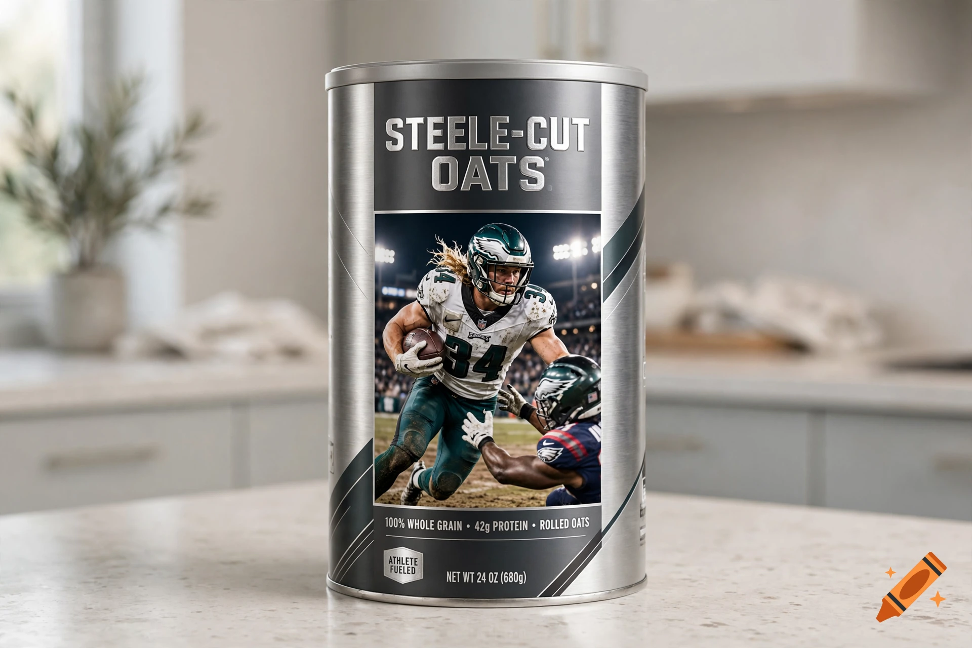 A cylindrical steel-cut oats canister with an action photo of a football player on the label, sitting on a kitchen counter.