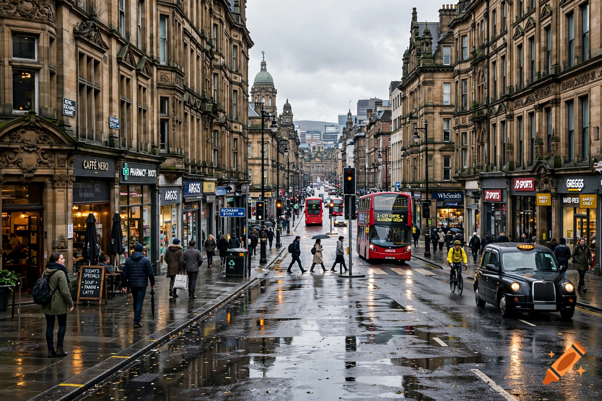 Photorealistic street scene in Glasgow with wet pavement reflecting buildings, red double-decker bus, and pedestrians.