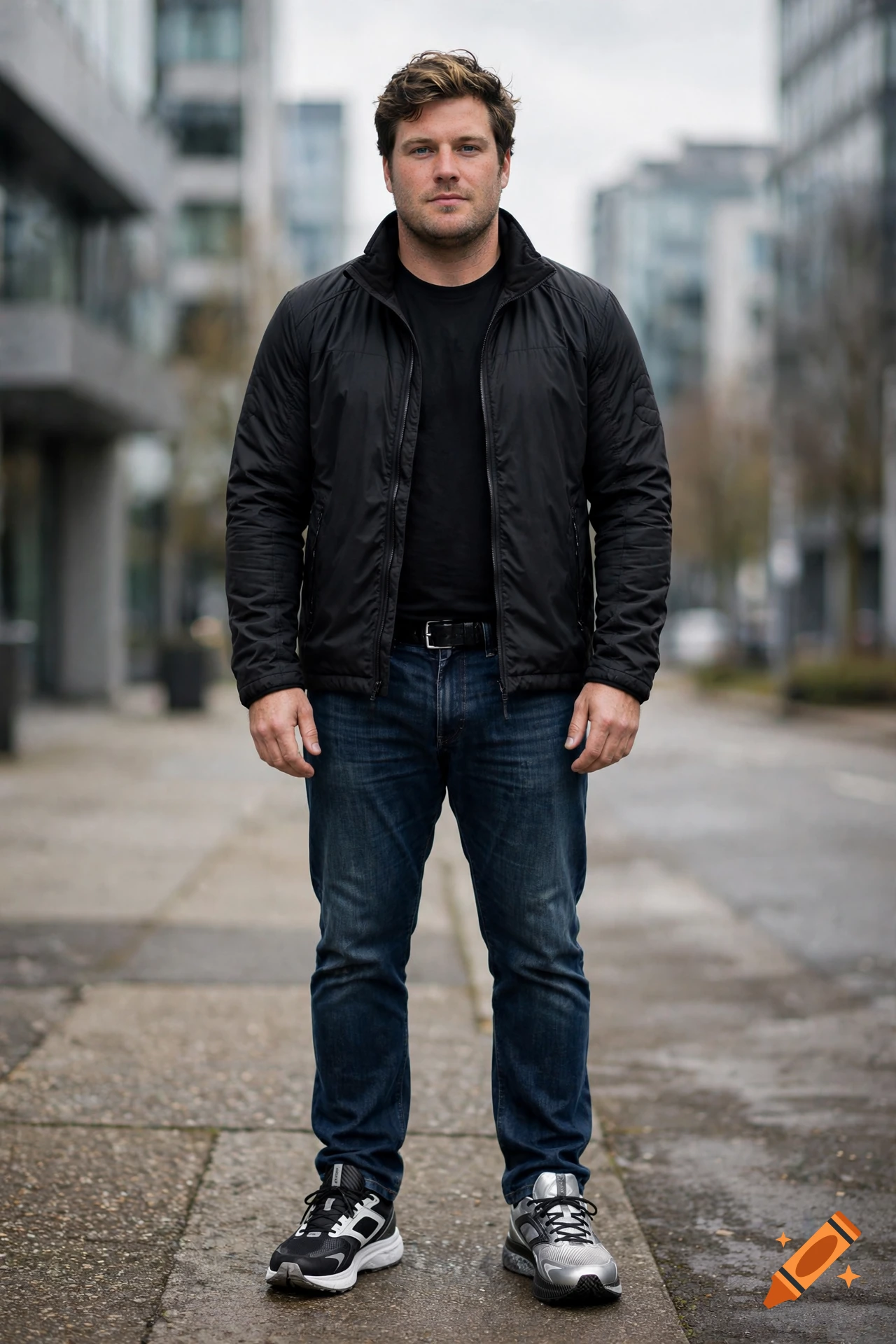 Photorealistic full-body portrait of a man standing on a city sidewalk wearing a black jacket, dark jeans, and sneakers.