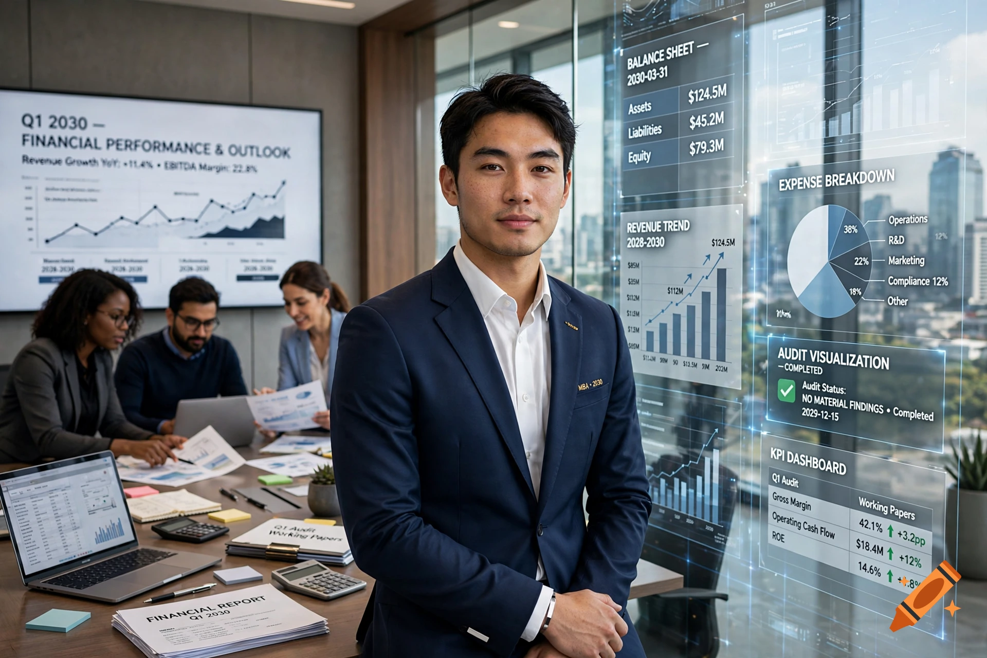 Photorealistic image of a young Asian male business professional in a modern office with holographic financial charts and colleagues in the background.