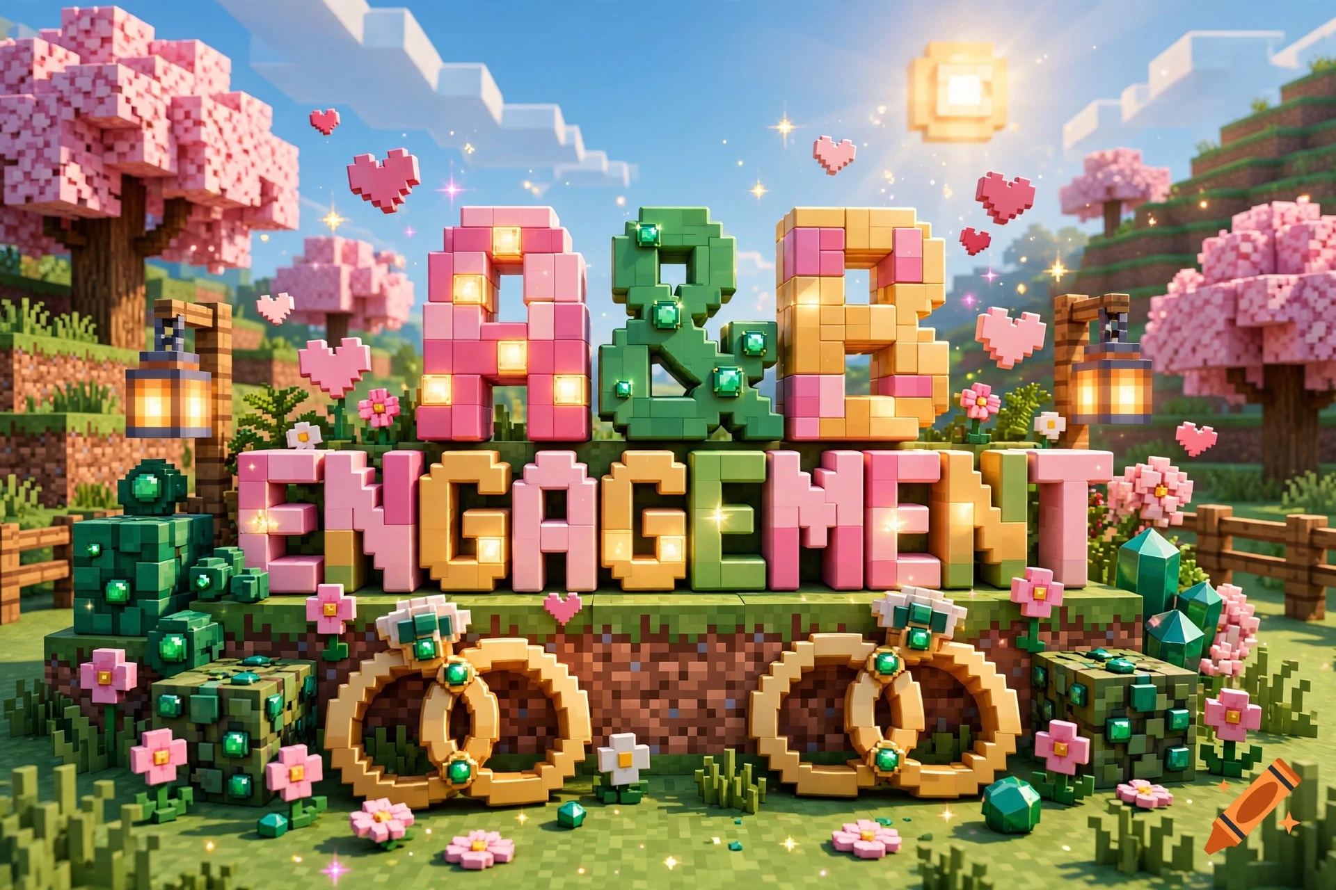 Minecraft style 3D block letters spelling A&B Engagement surrounded by cherry blossom trees, hearts, and rings.
