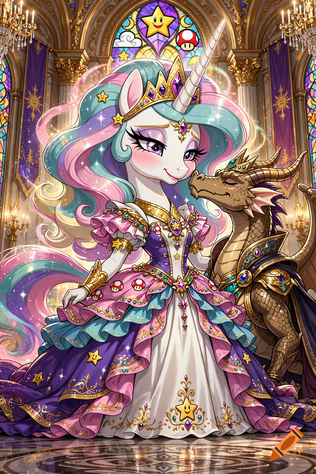 Princess Celestia from My Little Pony as a unicorn princess in a grand palace, standing next to a dragon, anime art style.