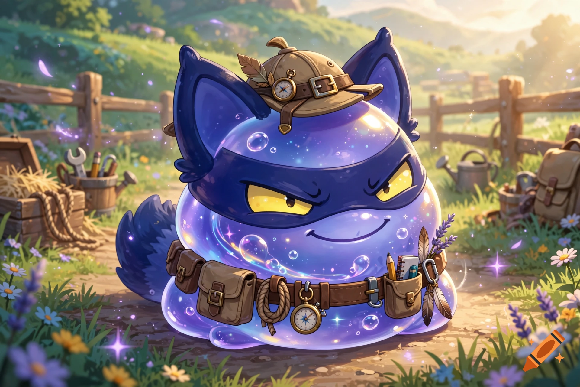 Digital illustration of a cute blue slime with cat ears, wearing an explorer hat and a utility belt, in a sunny meadow.
