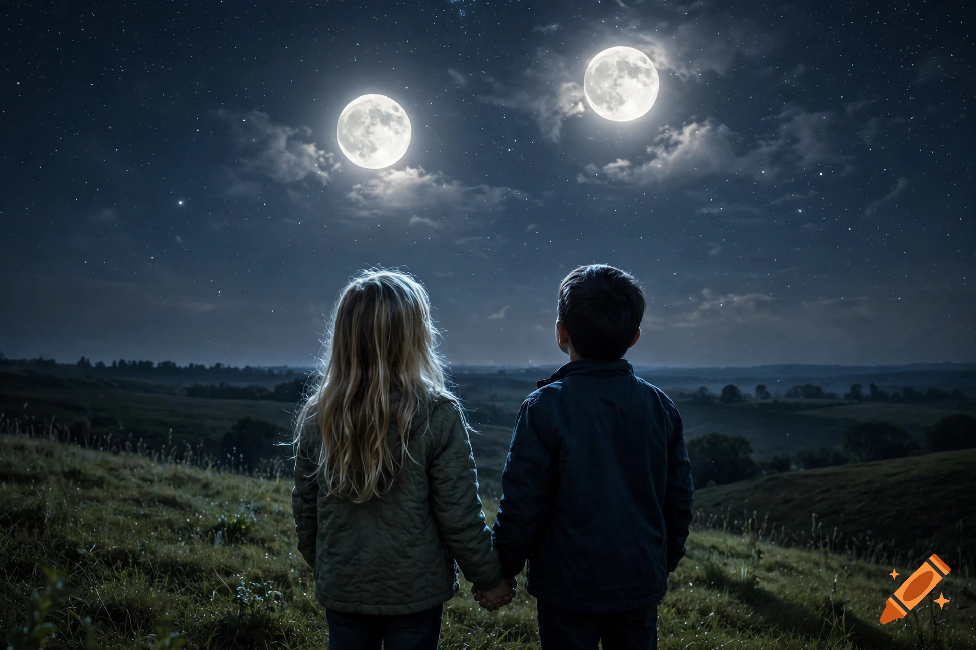 A young blonde girl and a dark-haired boy holding hands while watching two full moons in a star-filled night sky, photorealistic style.