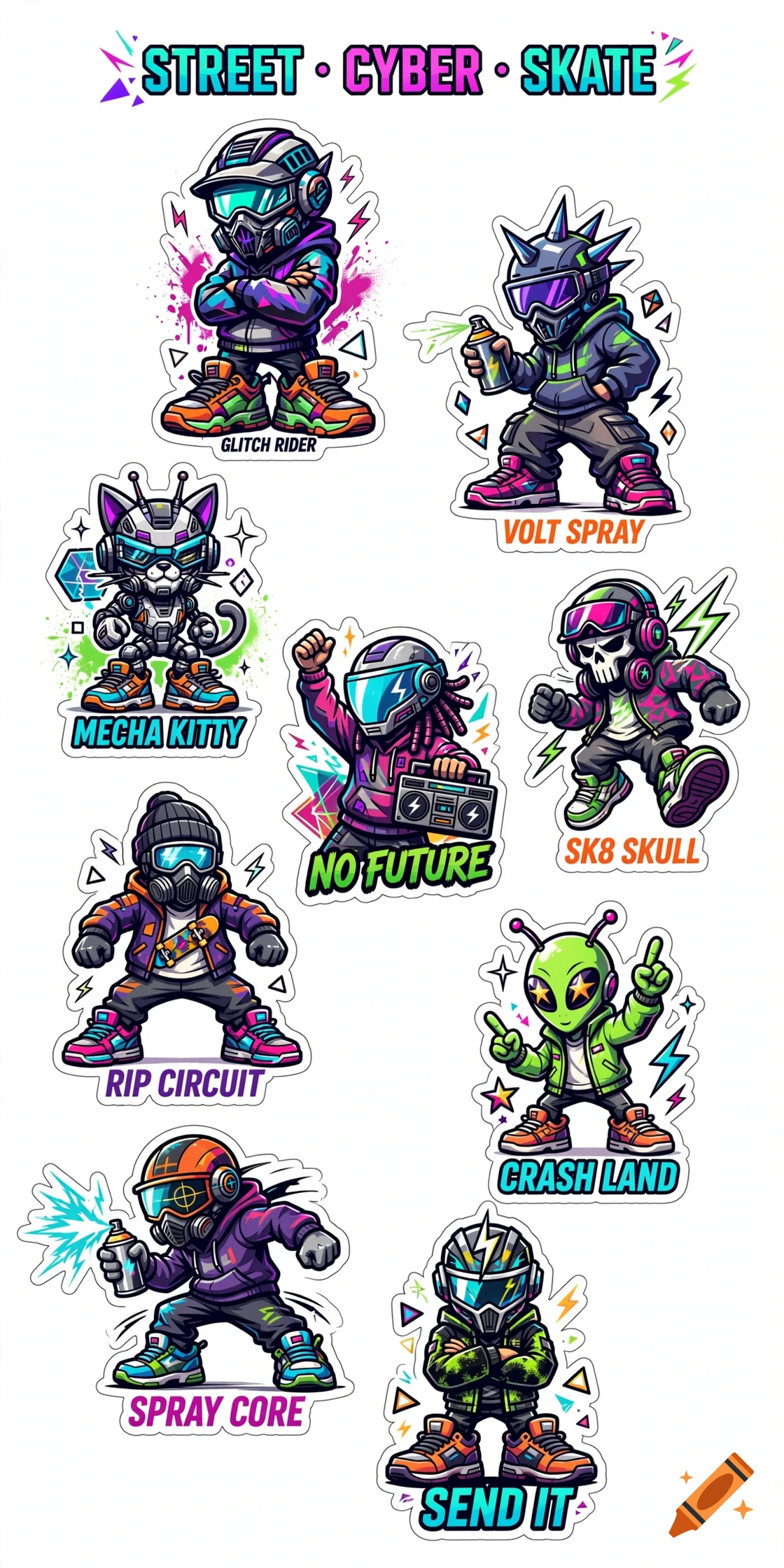 Sheet of vibrant cyberpunk street art character stickers in vector style, including a mecha kitty, skeletons, and graffiti artists.