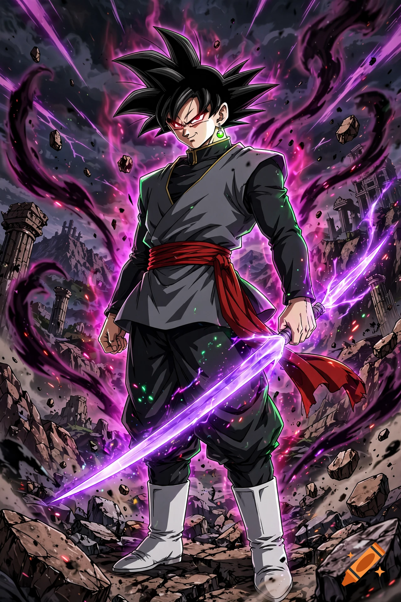 Anime style illustration of Goku Black standing in a ruined landscape, holding a glowing purple energy sword amidst dark magical aura.