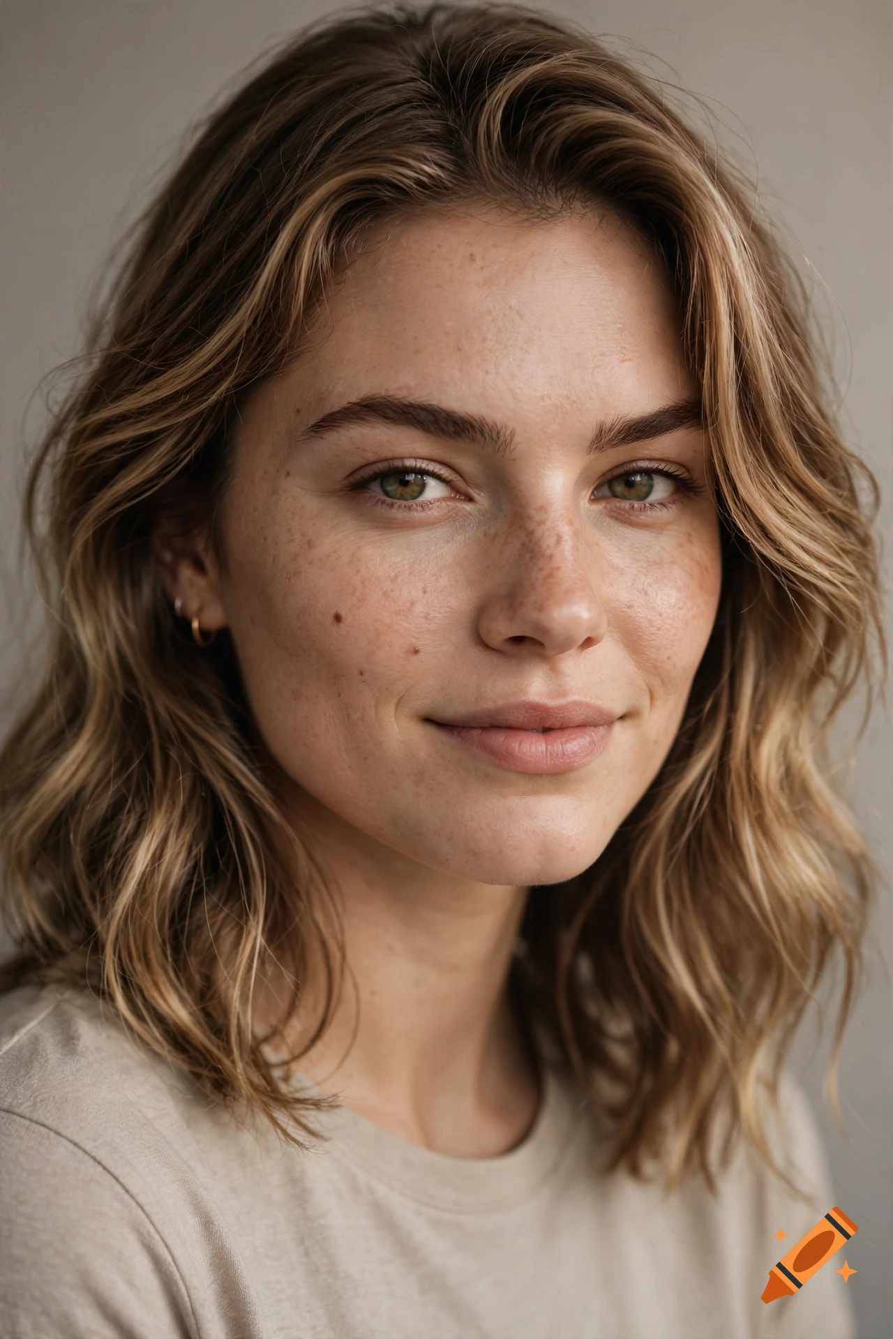 Close-up photorealistic portrait of a smiling young woman with blonde wavy hair, green eyes, and freckles, wearing a neutral-colored top against a plain background.