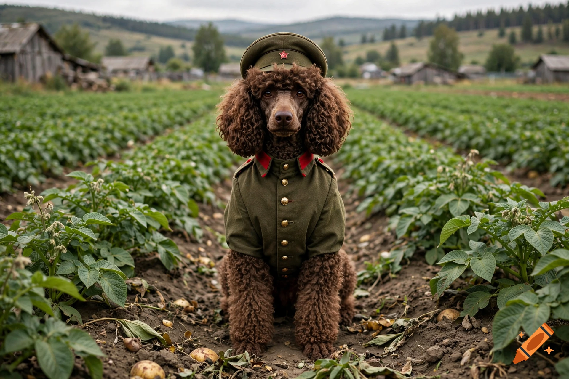 Photorealistic image of a brown poodle wearing a Soviet military uniform and cap, sitting in a potato field.