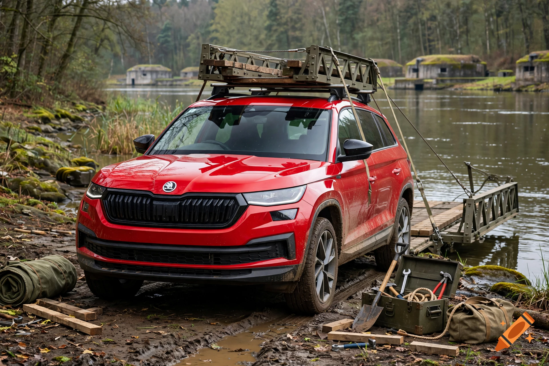 Photorealistic image of a red Skoda SUV parked by a river with WW2 bridge laying equipment.