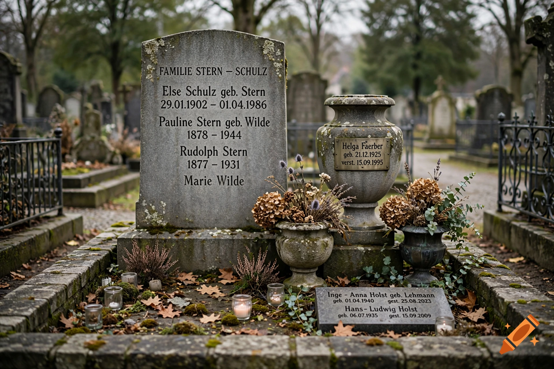 Photorealistic image of a traditional family grave in a cemetery with a large gravestone, urns, dried flower arrangements, and candles.
