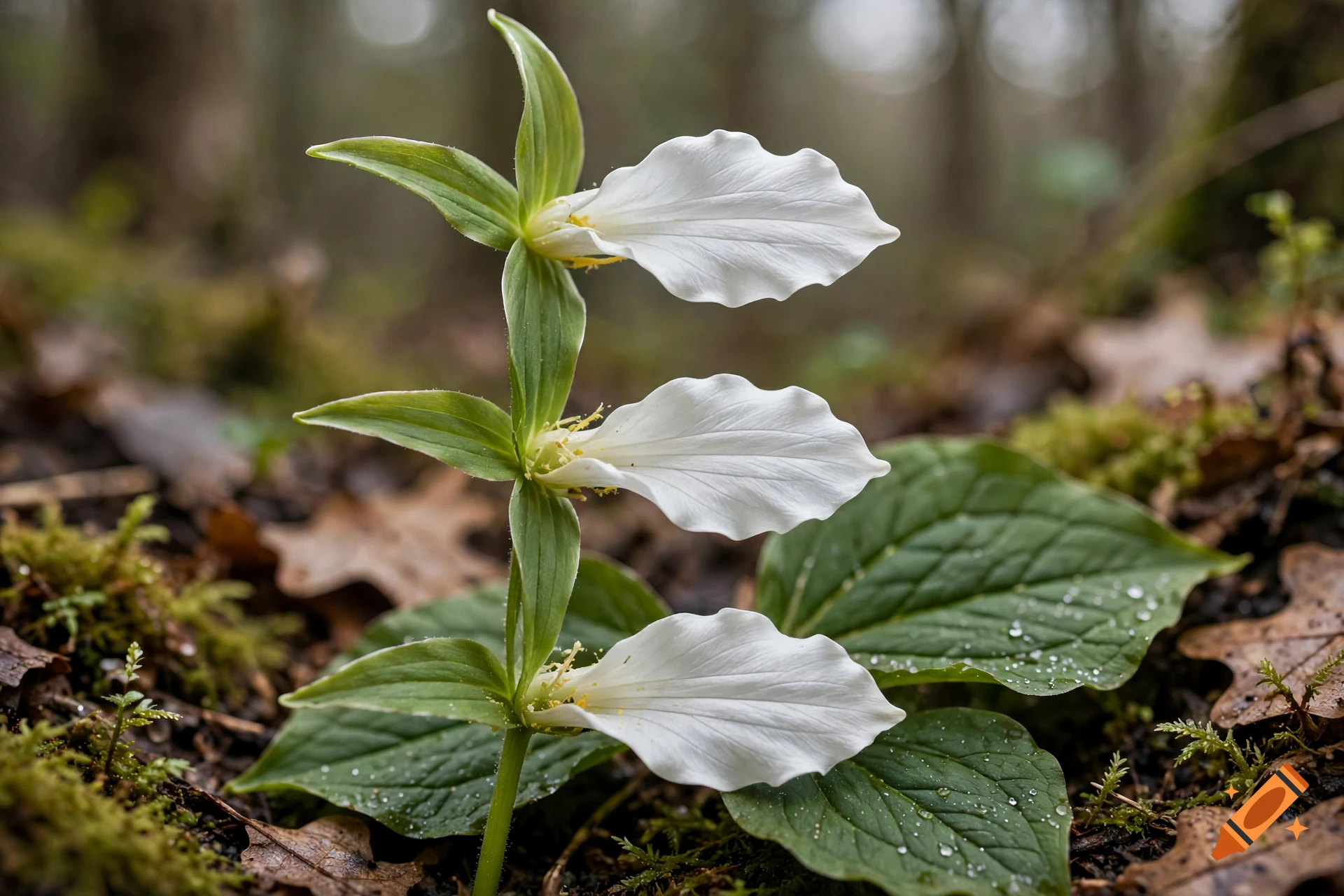 Photorealistic close-up of a white trillium flower blooming in a forest, shaped like the letter E.
