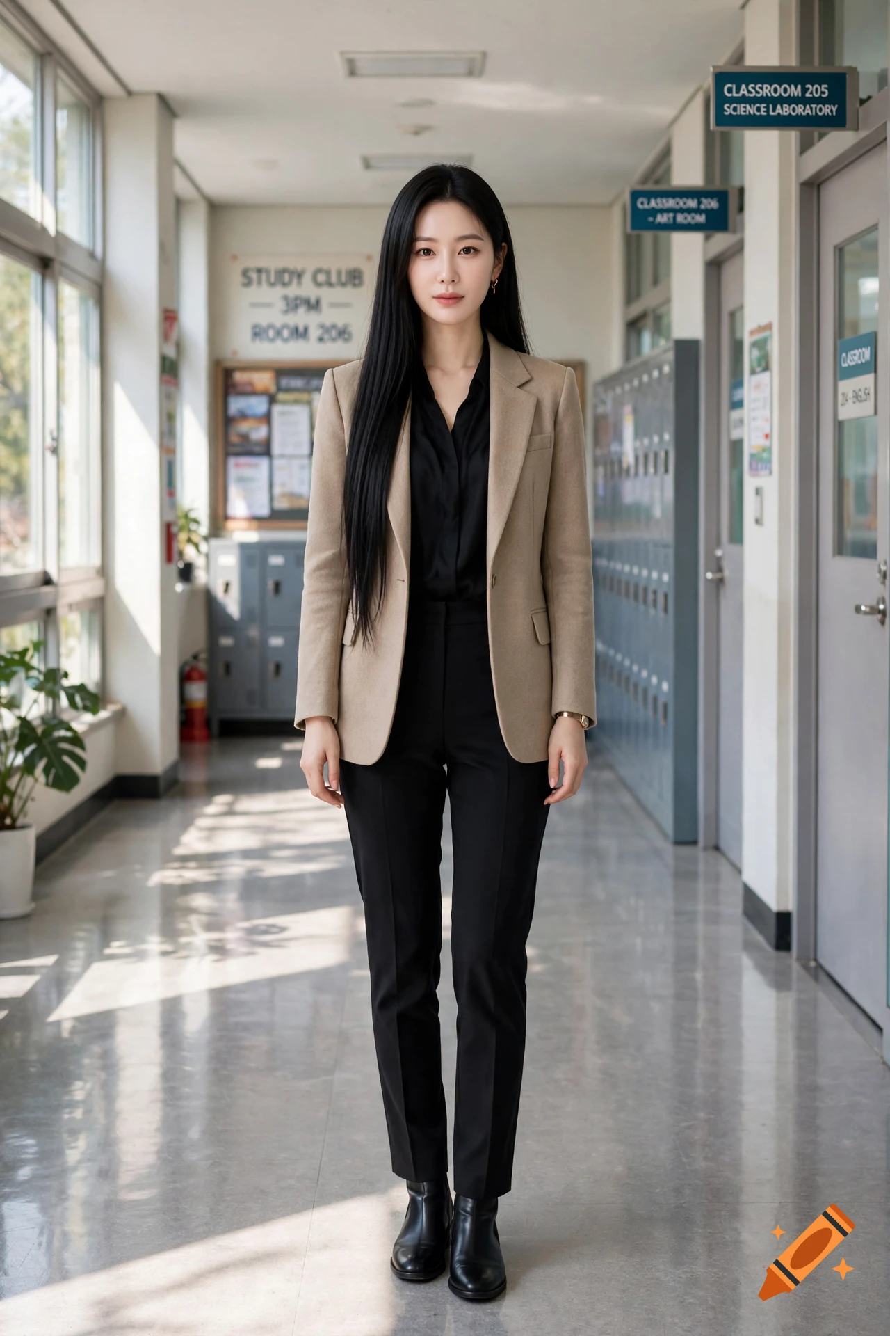 Photorealistic full-body portrait of a woman with long black hair wearing a beige blazer and black pants inside a school hallway.